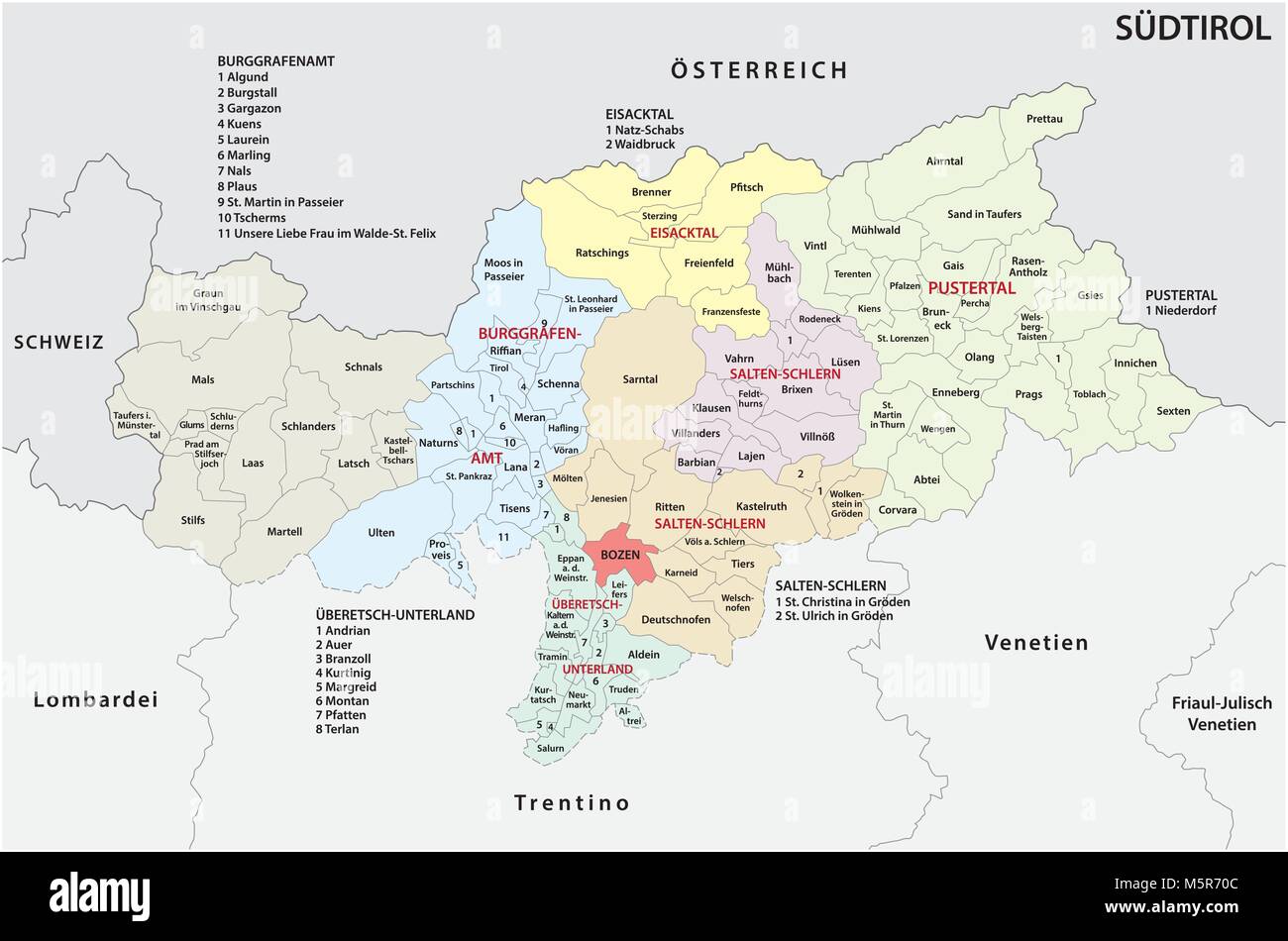 Carte politique et administrative de la province italienne du Tyrol du Sud en langue allemande Illustration de Vecteur