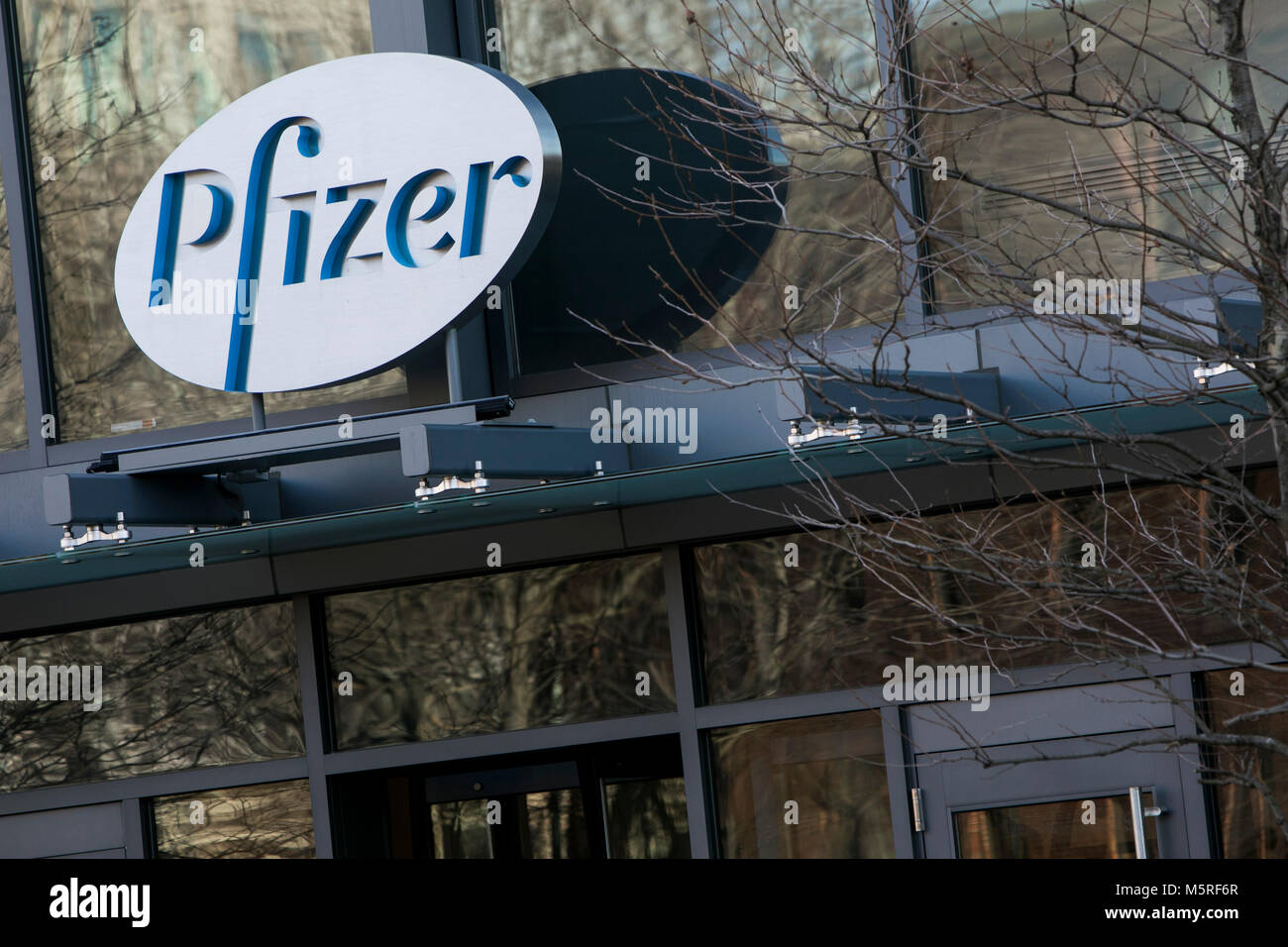 Un logo affiche à l'extérieur d'un établissement occupé par Pfizer, Inc., à Cambridge (Massachusetts) le 21 février 2018. Banque D'Images