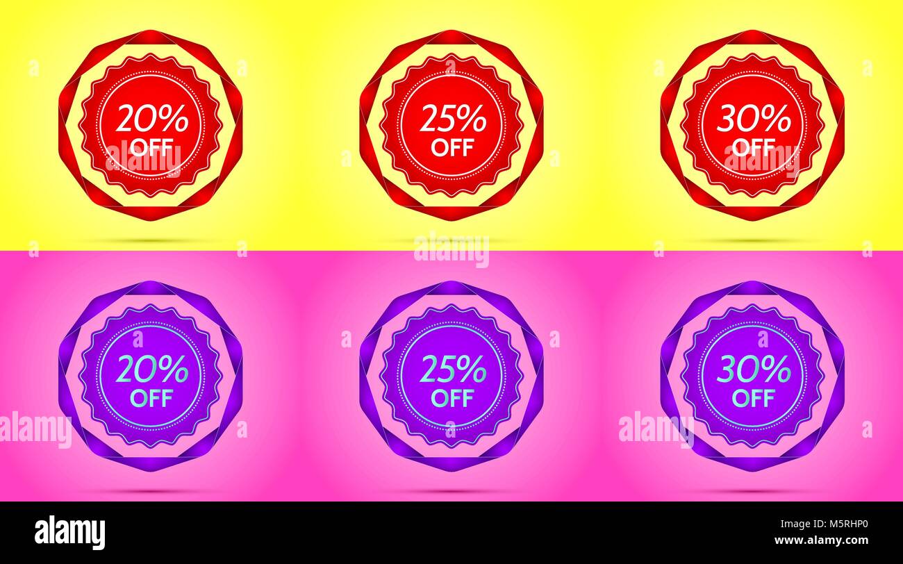 Set de badges Vente rouge et violet. Badge de vecteur avec offre de remise de 20  % sur 2530, entouré de ruban froissé, sur le jaune et rose Retour Illustration de Vecteur