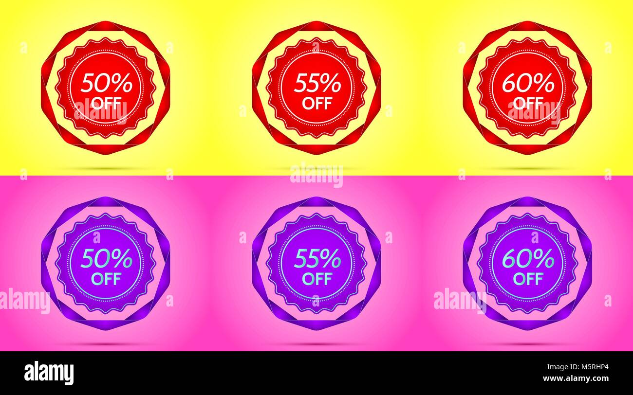 Set de badges Vente rouge et violet. Badge de vecteur avec offre de réduction 50 55 60  % de remise, entouré de ruban froissé, sur le jaune et rose Retour Illustration de Vecteur