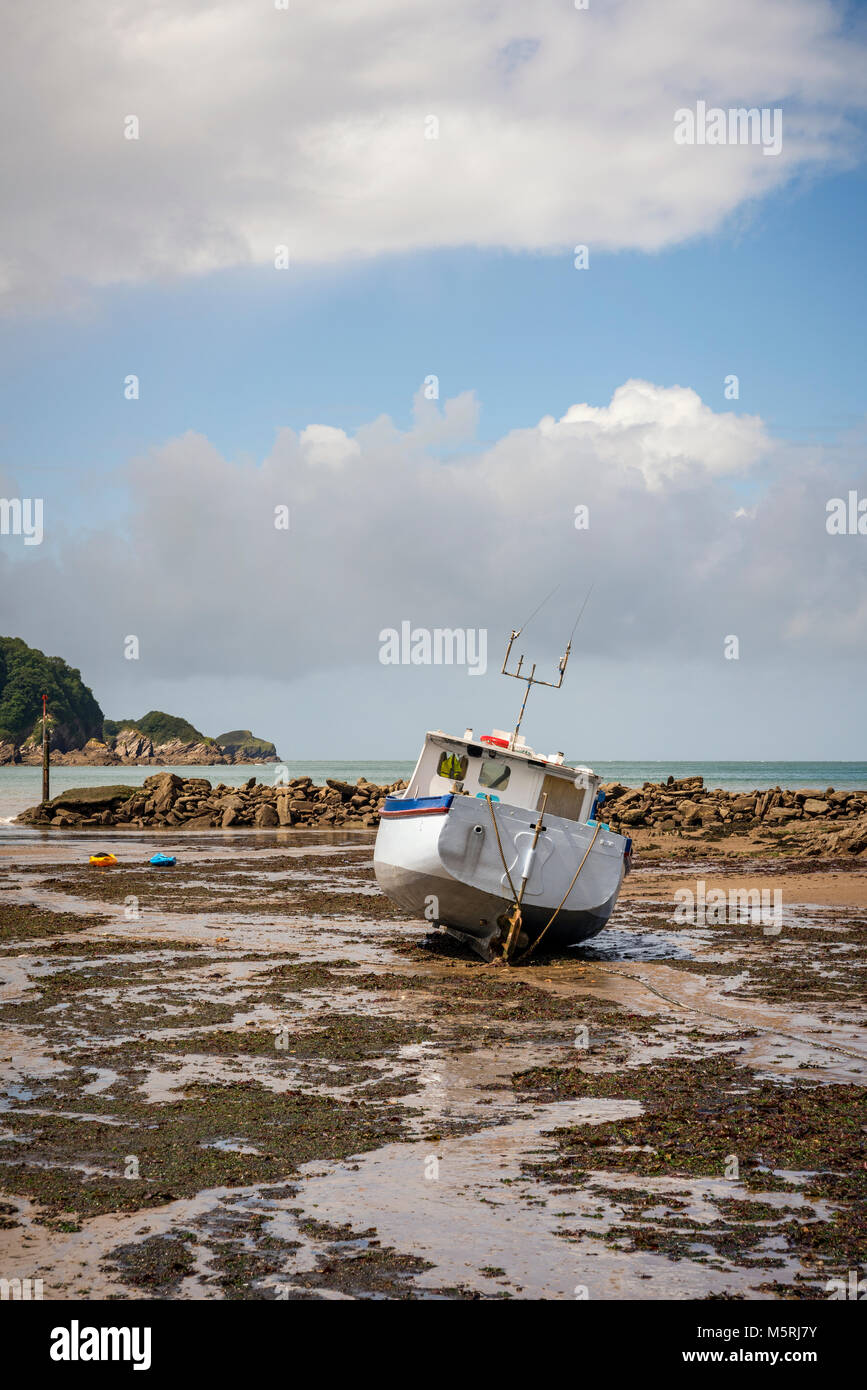 Un bateau de pêche à marée basse sur la plage, dans le port naturel baie abritée de Combe Martin, un village côtier sur la côte nord du Devon à environ 4 mile Banque D'Images
