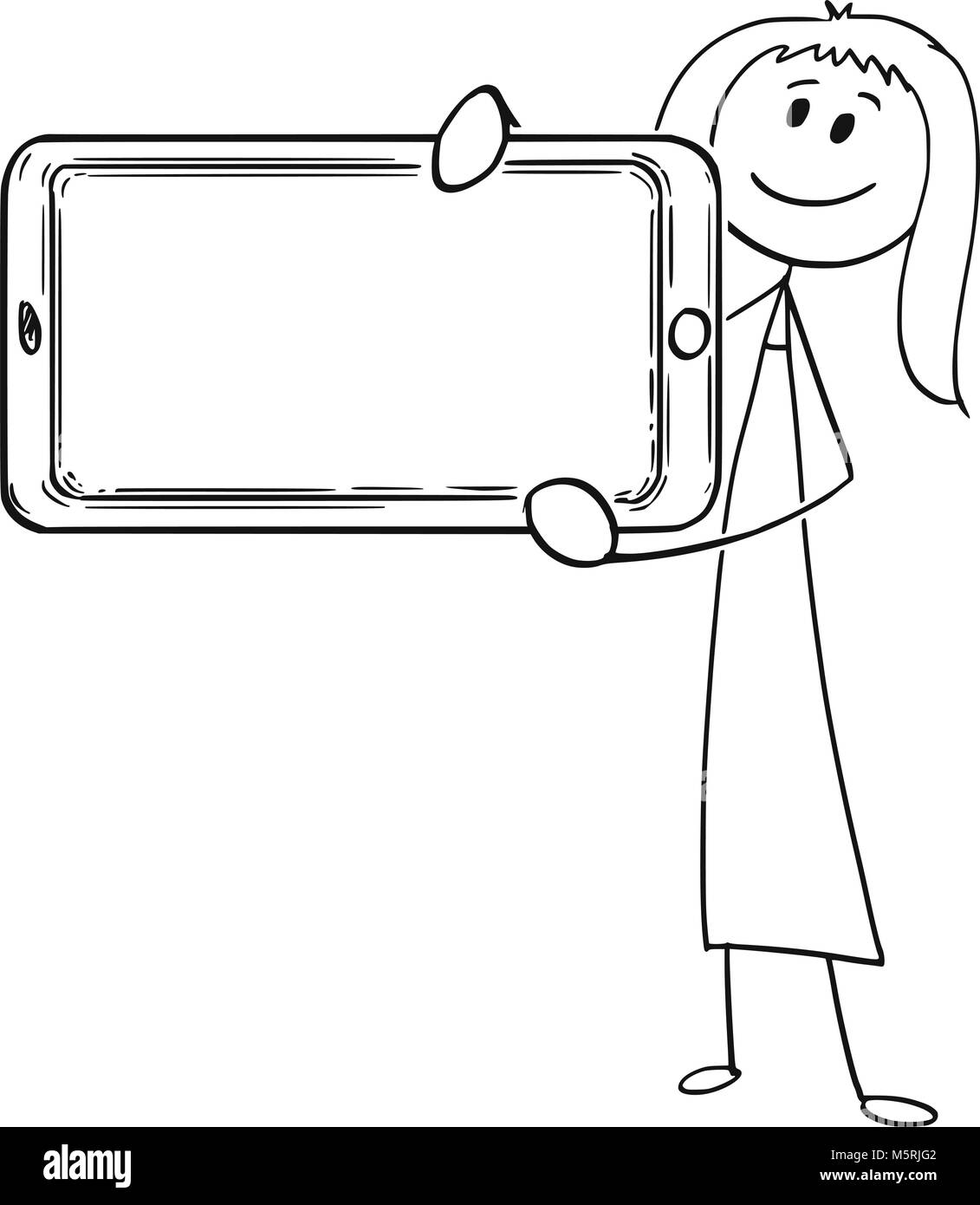 Caricature de femme ou Businesswoman Holding Grand Téléphone Mobile comme vide ou Blank Sign Illustration de Vecteur