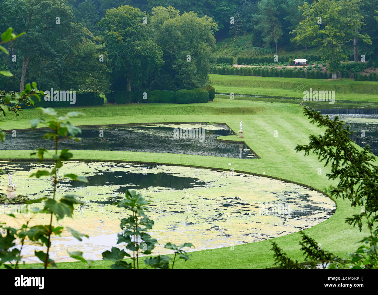 Les grands étangs dans un parc de l'eau jardin dans le Yorkshire du Nord sous un ciel couvert journée en été. Banque D'Images