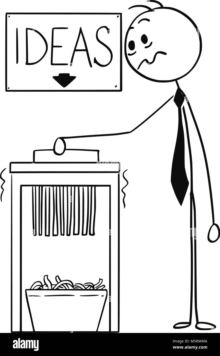 Caricature de Businessman en utilisant une déchiqueteuse à idées signe au-dessus Illustration de Vecteur