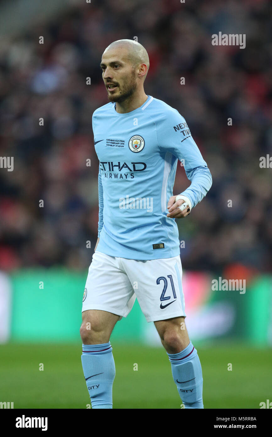 Le stade de Wembley, Londres, Royaume-Uni. Feb 25, 2018. David Silva (MC) à la finale de la Coupe du buffle - Arsenal v Manchester City, au stade de Wembley, Londres, le 25 février 2018. **Cette photo est pour un usage éditorial uniquement** Crédit : Paul Marriott/Alamy Live News Banque D'Images