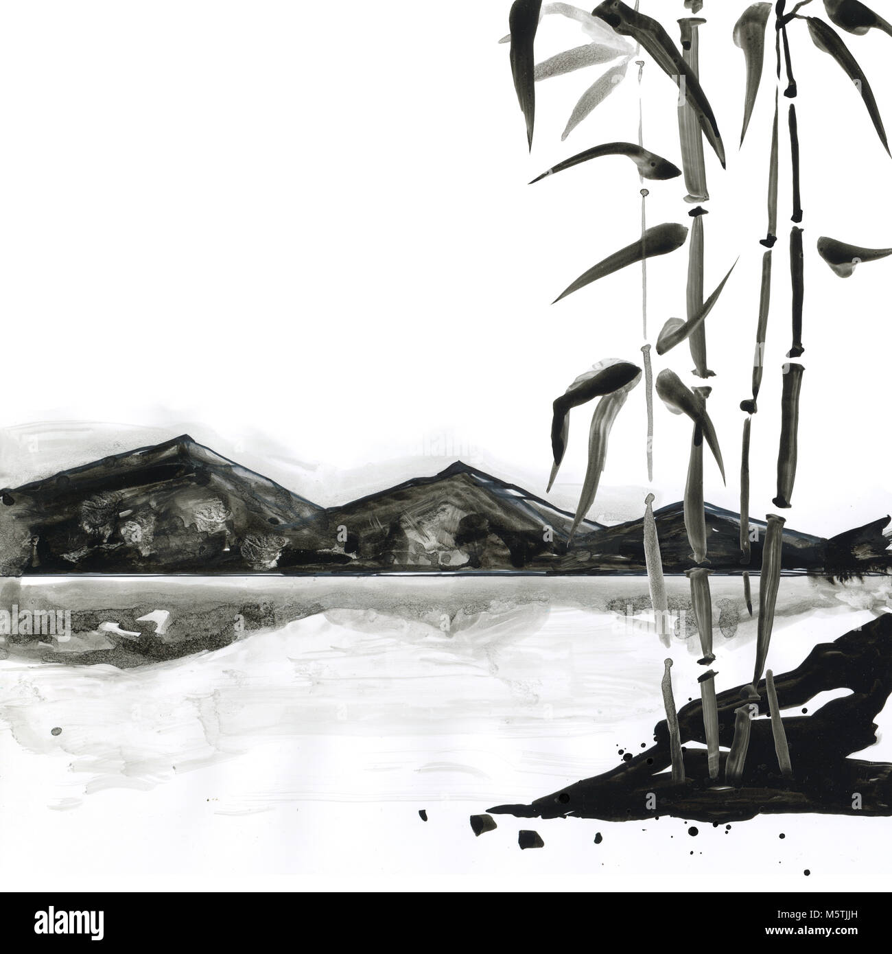 Montagnes dans le style japonais. Peinture à la main à l'Aquarelle illustration Banque D'Images