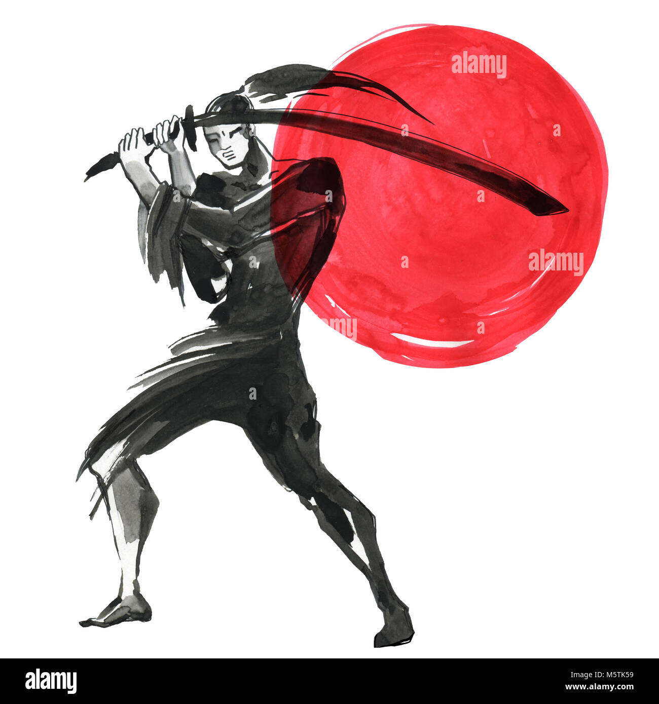 Silhouette samouraï. Style Chinois. Peinture à la main à l'Aquarelle illustration Banque D'Images