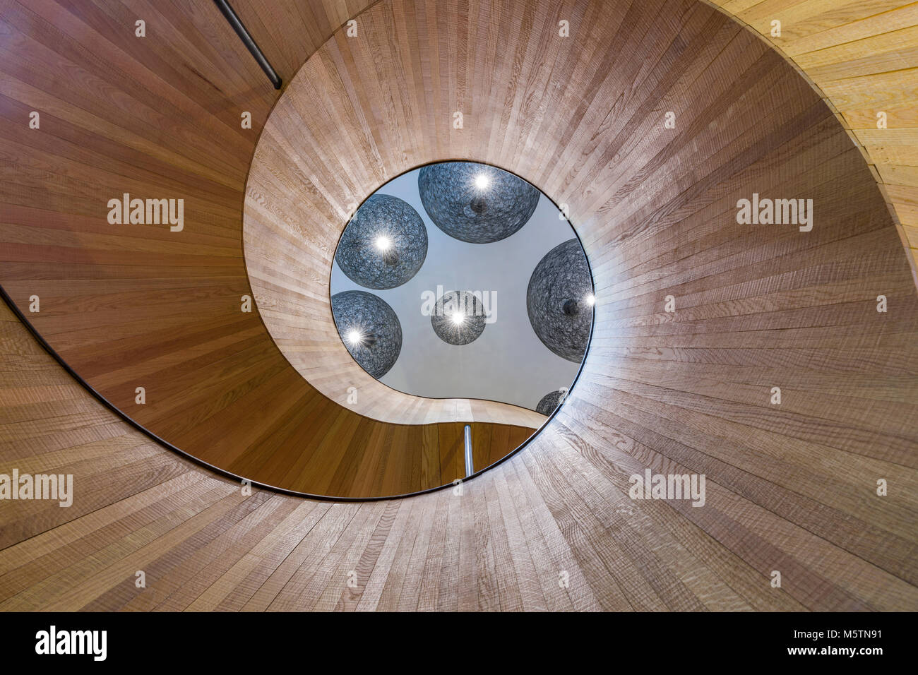 Lambrissés Spiral staircase montrant des courbes abstraites et conception de l'architecture moderne et contemporaine Banque D'Images