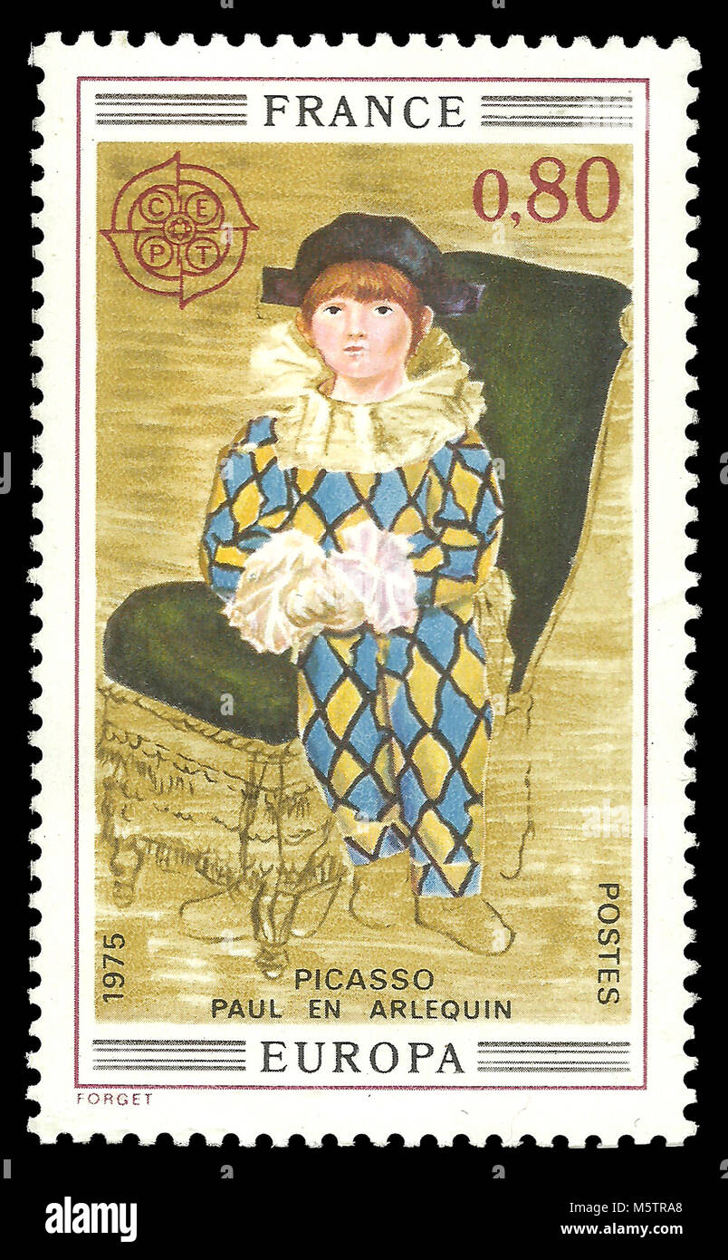 France - timbres en 1975 : Edition de couleur sur l'Art, peinture Paul montre que les arlequins de Picasso Banque D'Images