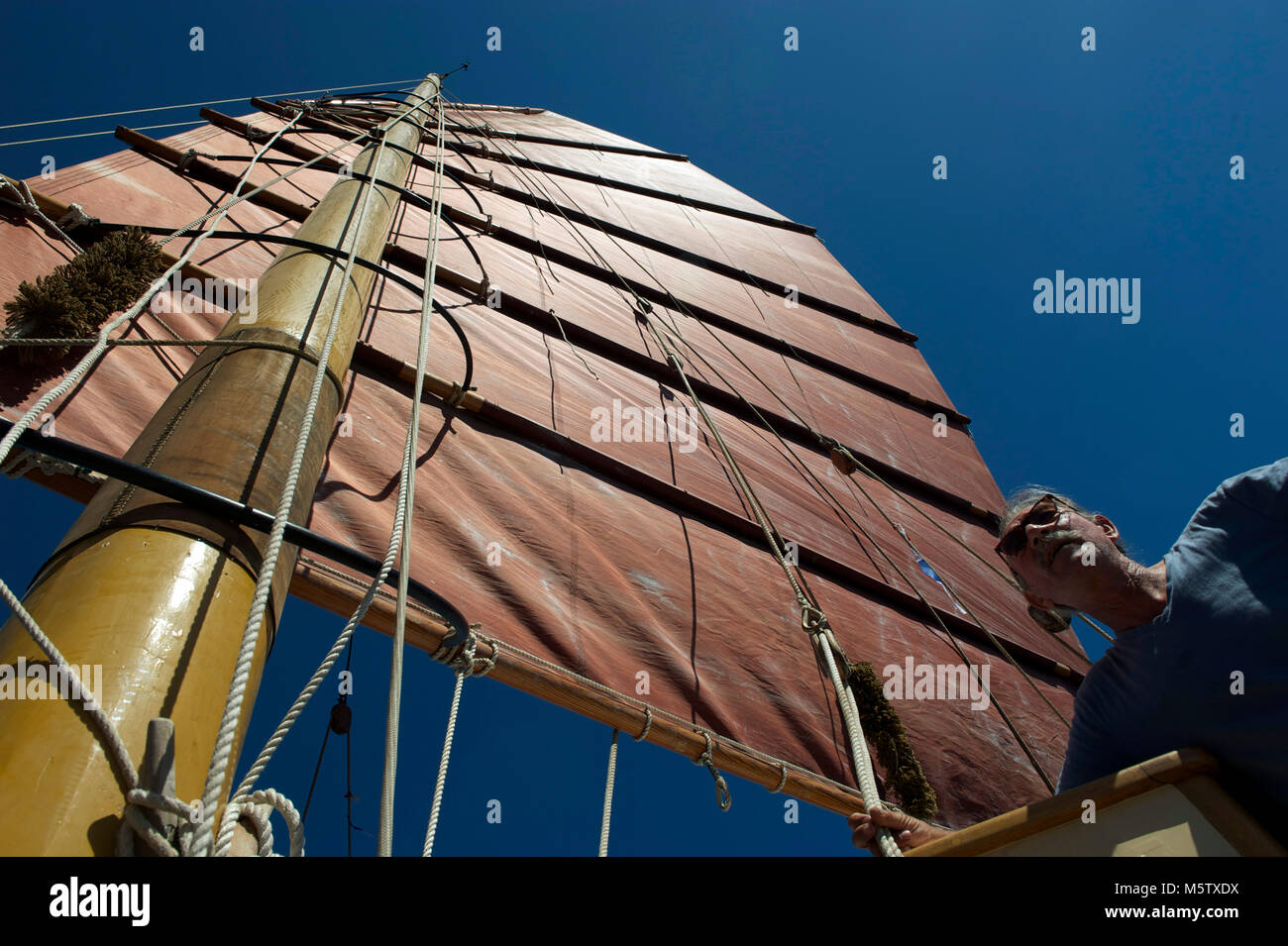 Voiles de l'Athena, une réplique moderne d'un bateau de pêche à l'éponge traditionnelle grecque. La droite est le concepteur et constructeur du bateau. Daroukakis Nikos Banque D'Images