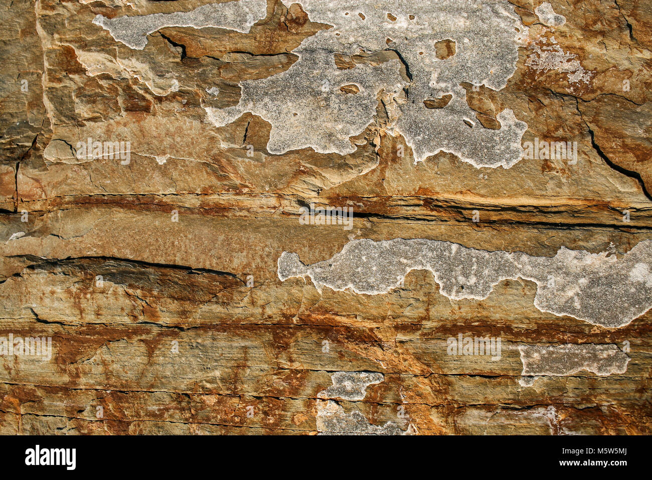 Close-up un mur de roux-brun ardoise de montagne en couches avec des taches irrégulières. Banque D'Images