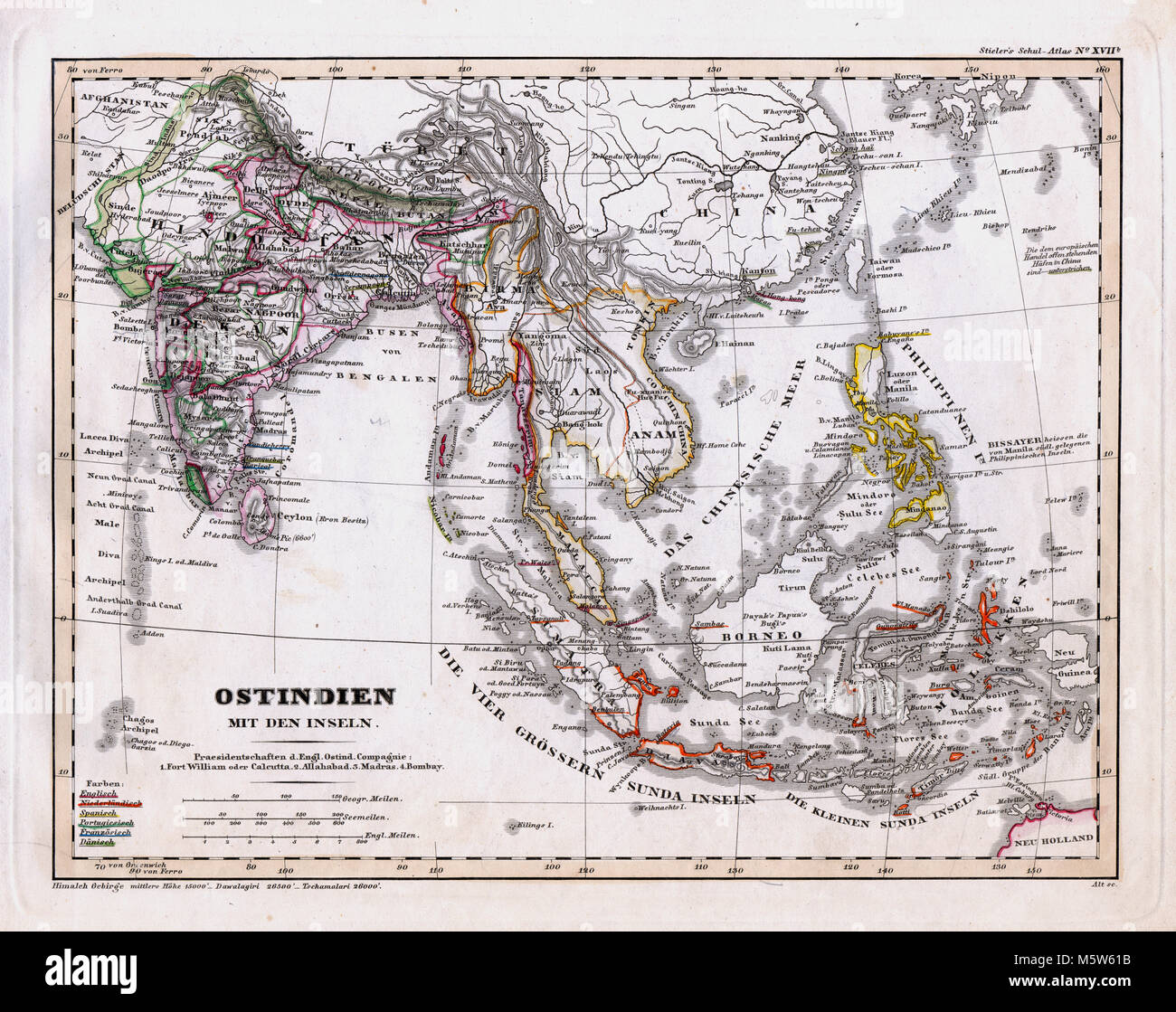1844 - Inde Carte Stieler & Asie du Sud-Est - East Indies Iles Philippines Singapour Java Bornéo Banque D'Images