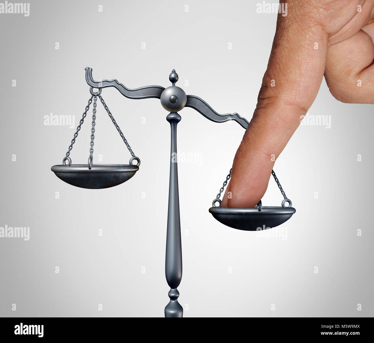 La balance de la justice concept comme le doigt d'une personne d'influencer illégalement le système juridique pour un avantage indu. Banque D'Images