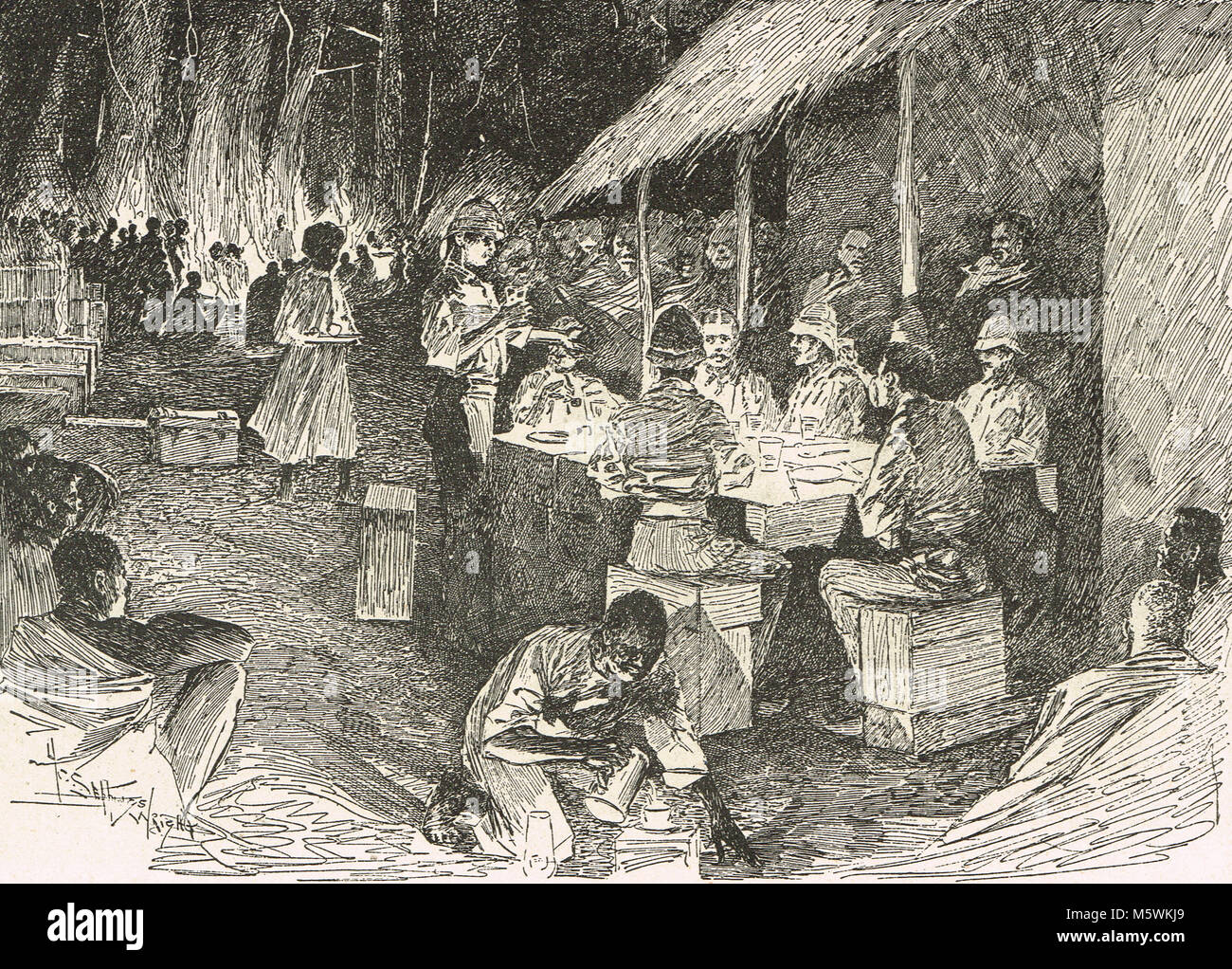 Les troupes britanniques encamping dans la forêt, le Bénin le Bénin de 1897 de l'expédition Banque D'Images