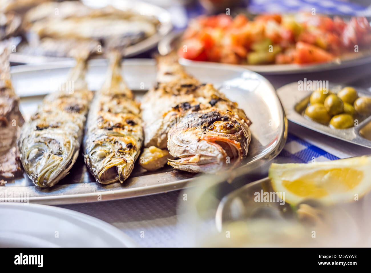 Fête du poisson : loup de mer, Golden, chinchard accompagné de salade de tomates, des olives vertes et du vin blanc, Portugal Banque D'Images