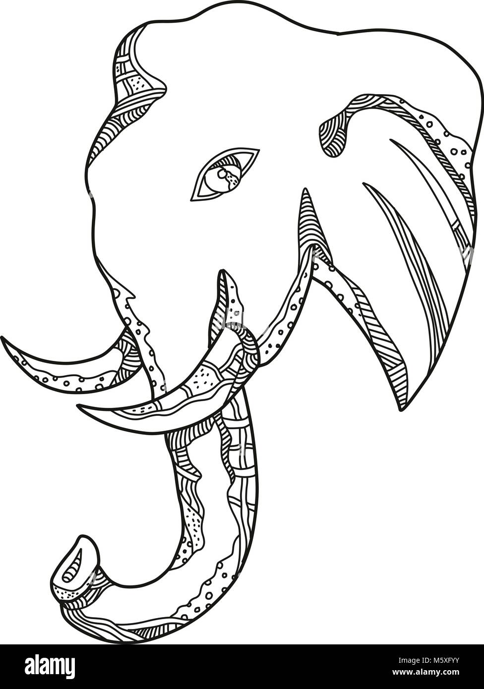 Illustration de l'art Doodle africains bull elephant head vu de côté en noir et blanc fait dans le style de mandala. Illustration de Vecteur