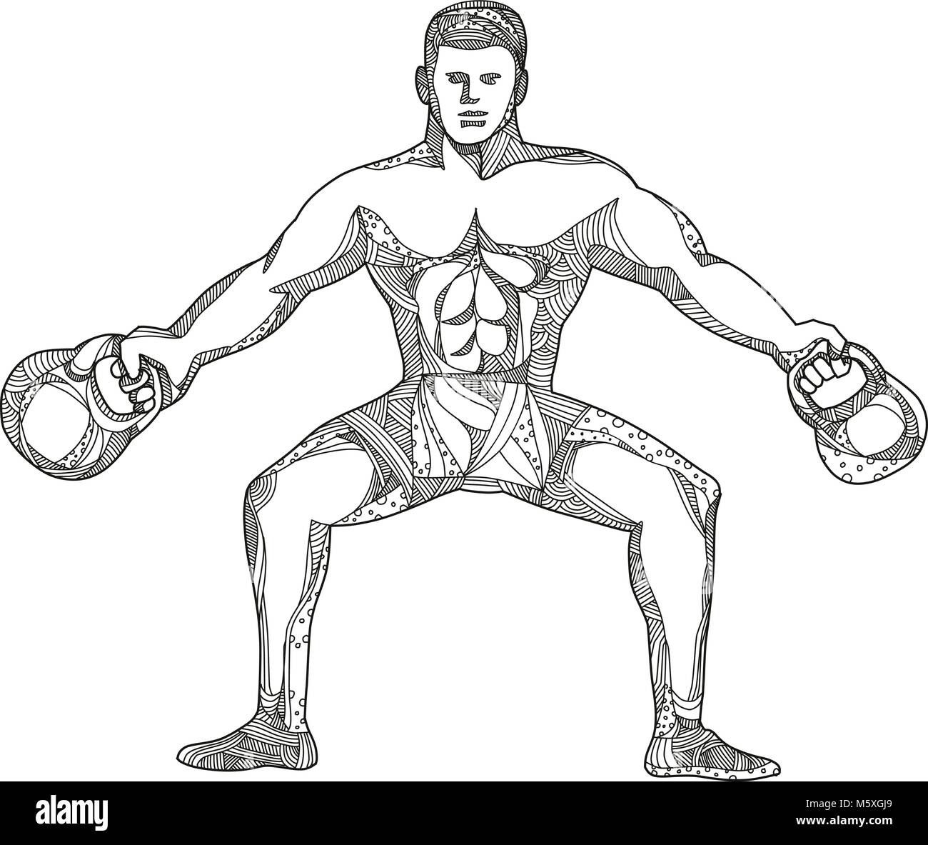 Doodle art illustration d'un sportif de remise en forme, un homme fort ou entraîneur personnel levée deux kettlebells vue de l'avant en noir et blanc fait dans le manda Illustration de Vecteur