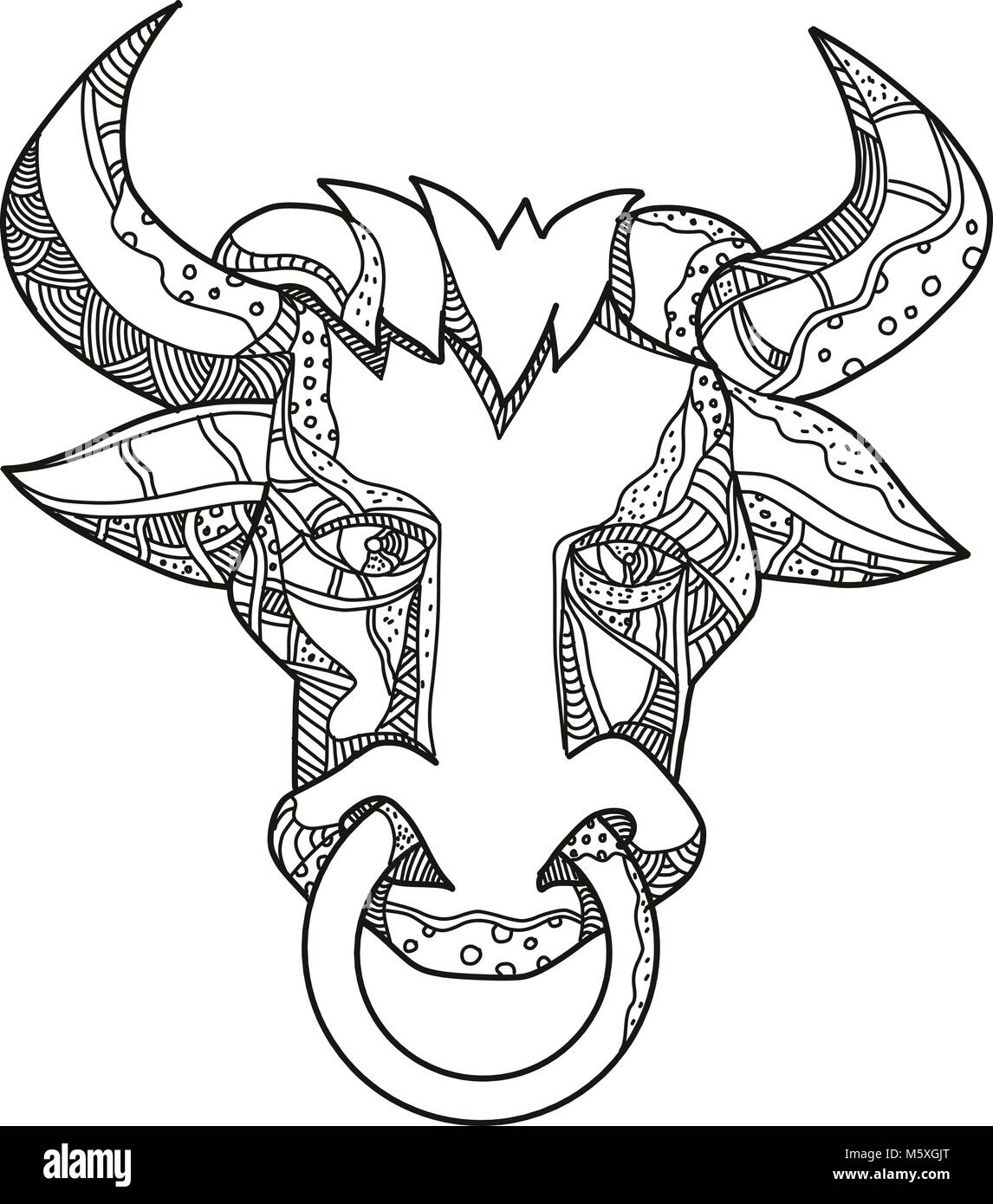 Illustration de l'art Doodle tête de taureau ou vache, Pinzgauer un breeed des bovins domestiques à partir de la région de Pinzgau, Autriche Vue de face en noir et blanc fait Illustration de Vecteur