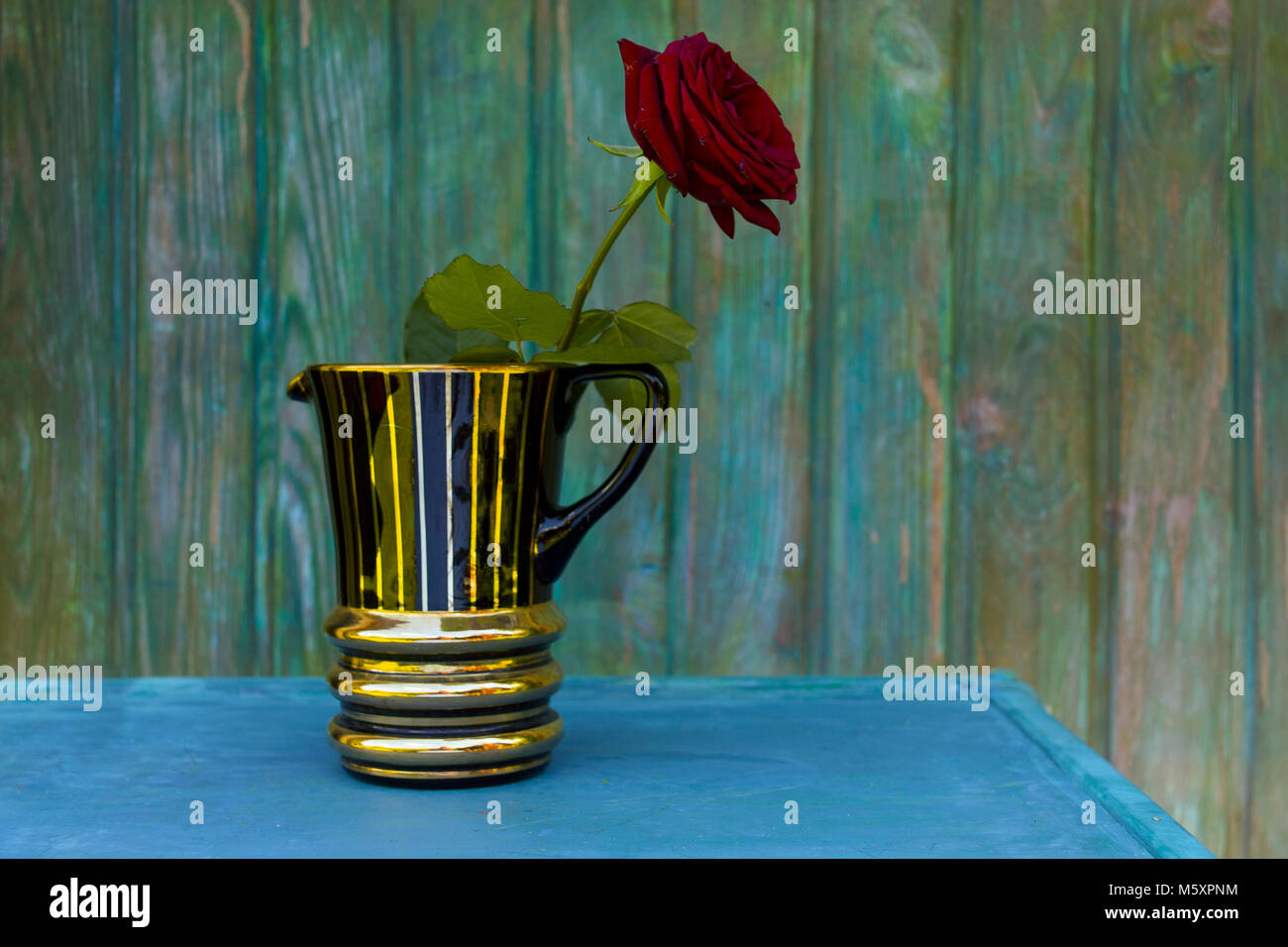 Rose rouge dans un vase en verre placé sur une table contre le mur peint Banque D'Images