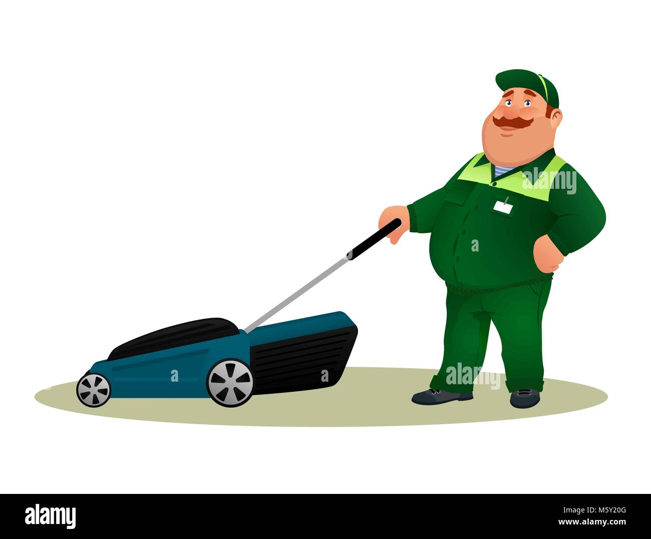 Funny cartoon agriculteur avec tondeuse à gazon. Caractère gras souriant homme jardinier en costume vert couper l'herbe isolé sur fond blanc. Professionnels des pelouses de travailleur télévision publique vector illustration colorée Illustration de Vecteur Funny cartoon agriculteur avec tondeuse à gazon. Caractère gras souriant homme jardinier en costume vert couper l'herbe isolé sur fond blanc. Professionnels des pelouses de travailleur télévision publique vector illustration colorée Illustration de Vecteur