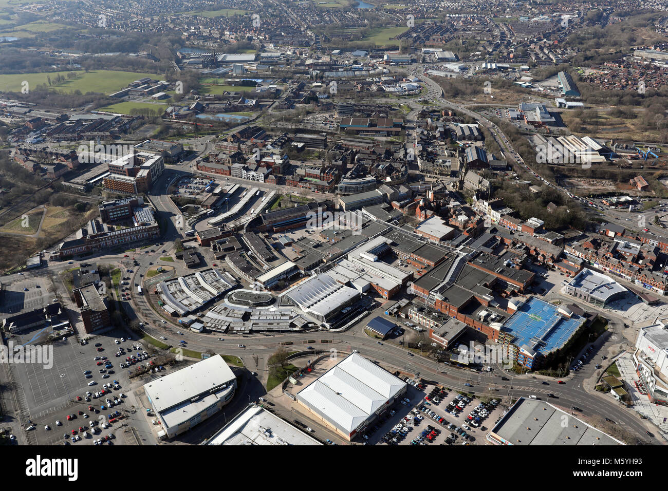 Vue aérienne du centre-ville de Bury, Greater Manchester, UK Banque D'Images