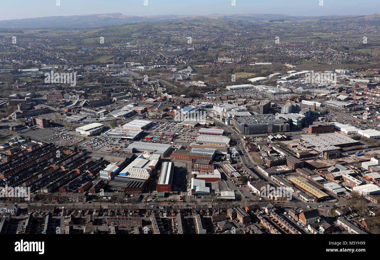 Vue aérienne du centre-ville de Bury, Greater Manchester, UK Banque D'Images