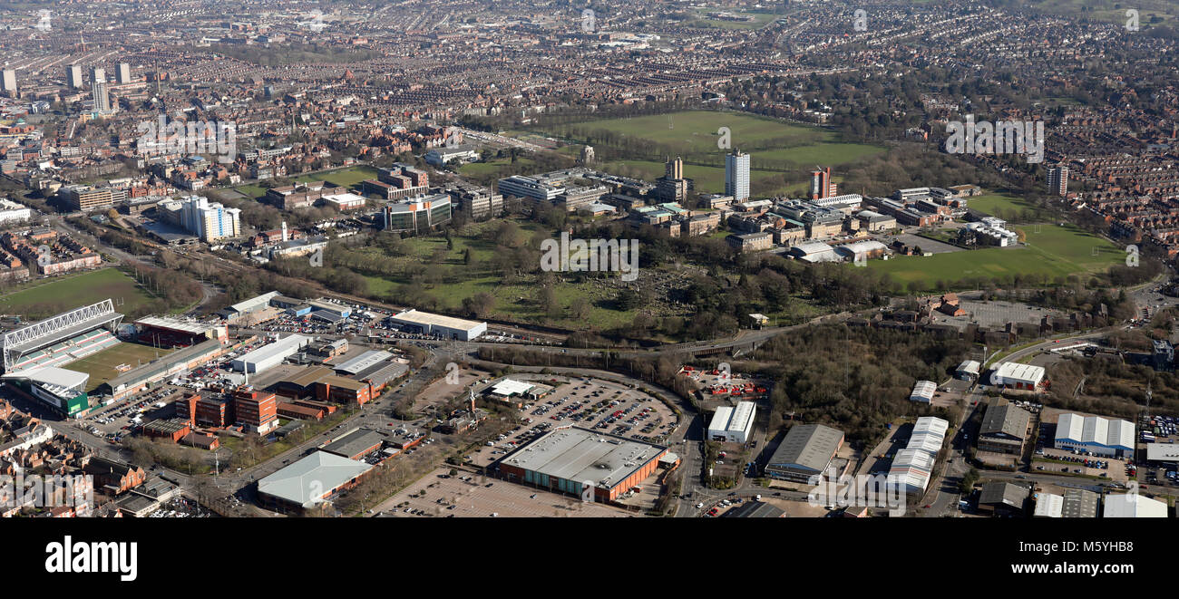 Vue aérienne de l'Université de Leicester & Wyggeston et La Reine Elizabeth I College, UK Banque D'Images