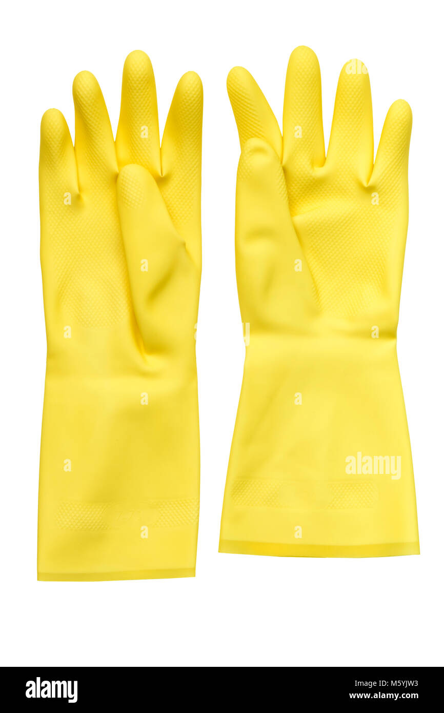 Gants de vaisselle ou coupé isolé sur un fond blanc. Gants en caoutchouc jaune. Banque D'Images