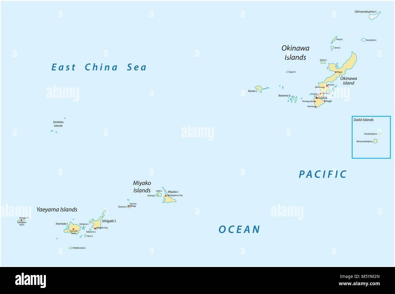 Carte vectorielle détaillée de l'île japonaise d'Okinawa Miyako et groupes, Îles Yaeyama, Japon Illustration de Vecteur