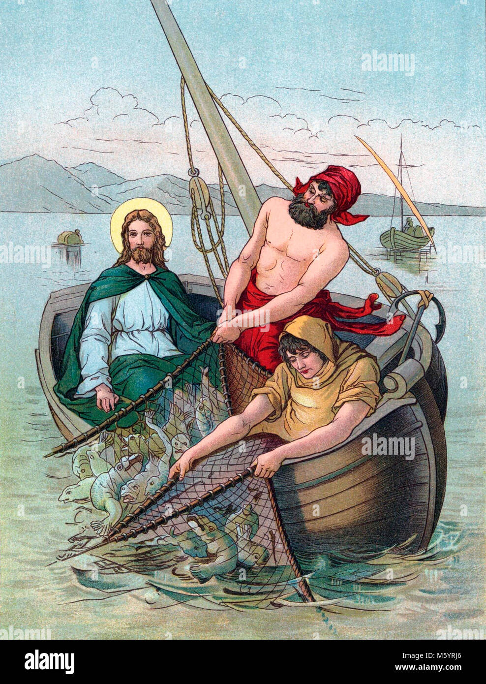 Jésus et la pêche miraculeuse de poissons sur le lac de Genesareth (Mer de Galilée), l'Évangile de Luc, 5.1-11. Illustration de l'histoire d'un enfant "de la Bible" par Mary Lathbury, publié en 1898. Banque D'Images