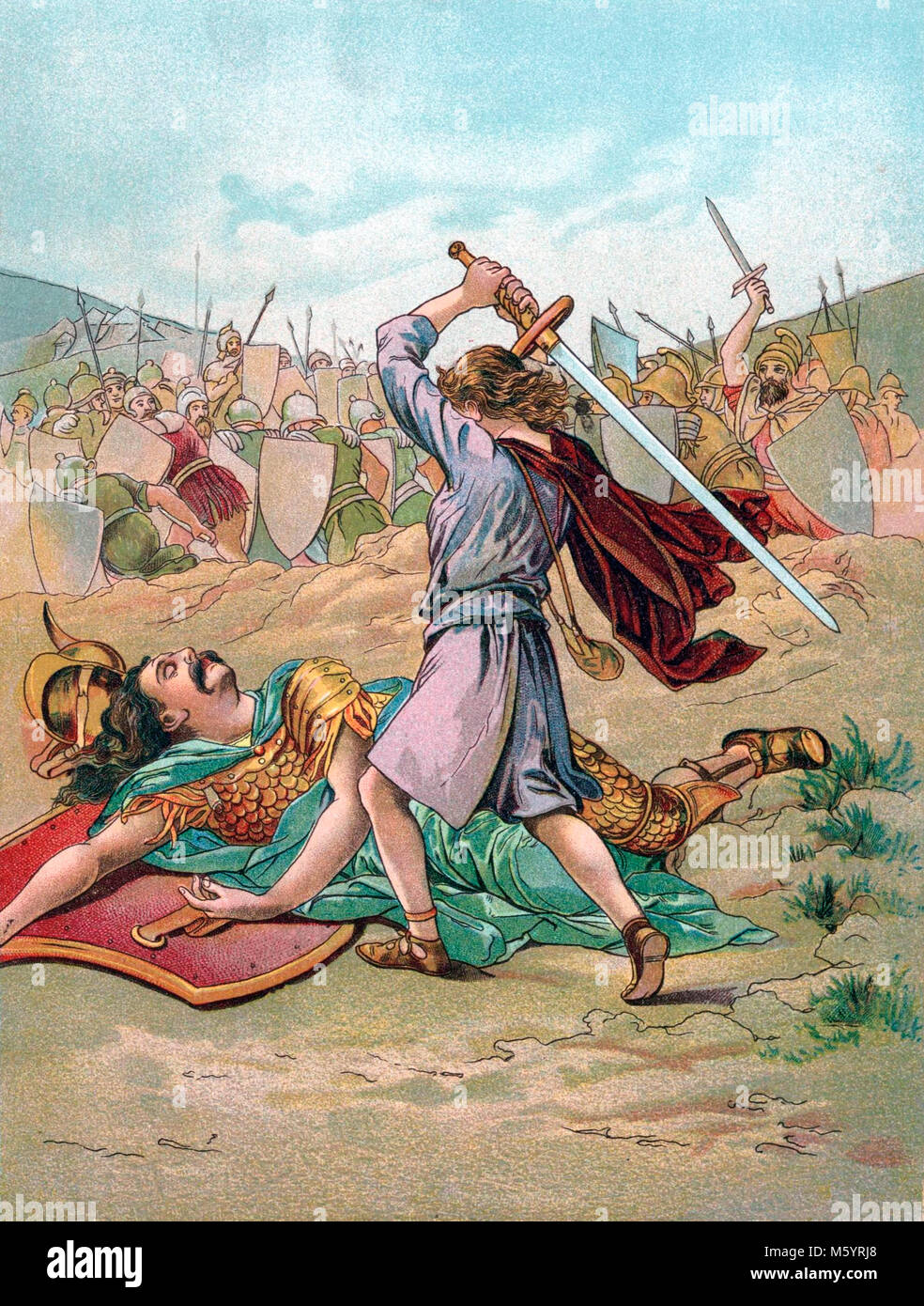 David coupant la tête de Goliath (livre de Samuel). Illustration de l'histoire d'un enfant "de la Bible" par Mary Lathbury, publié en 1898. Banque D'Images