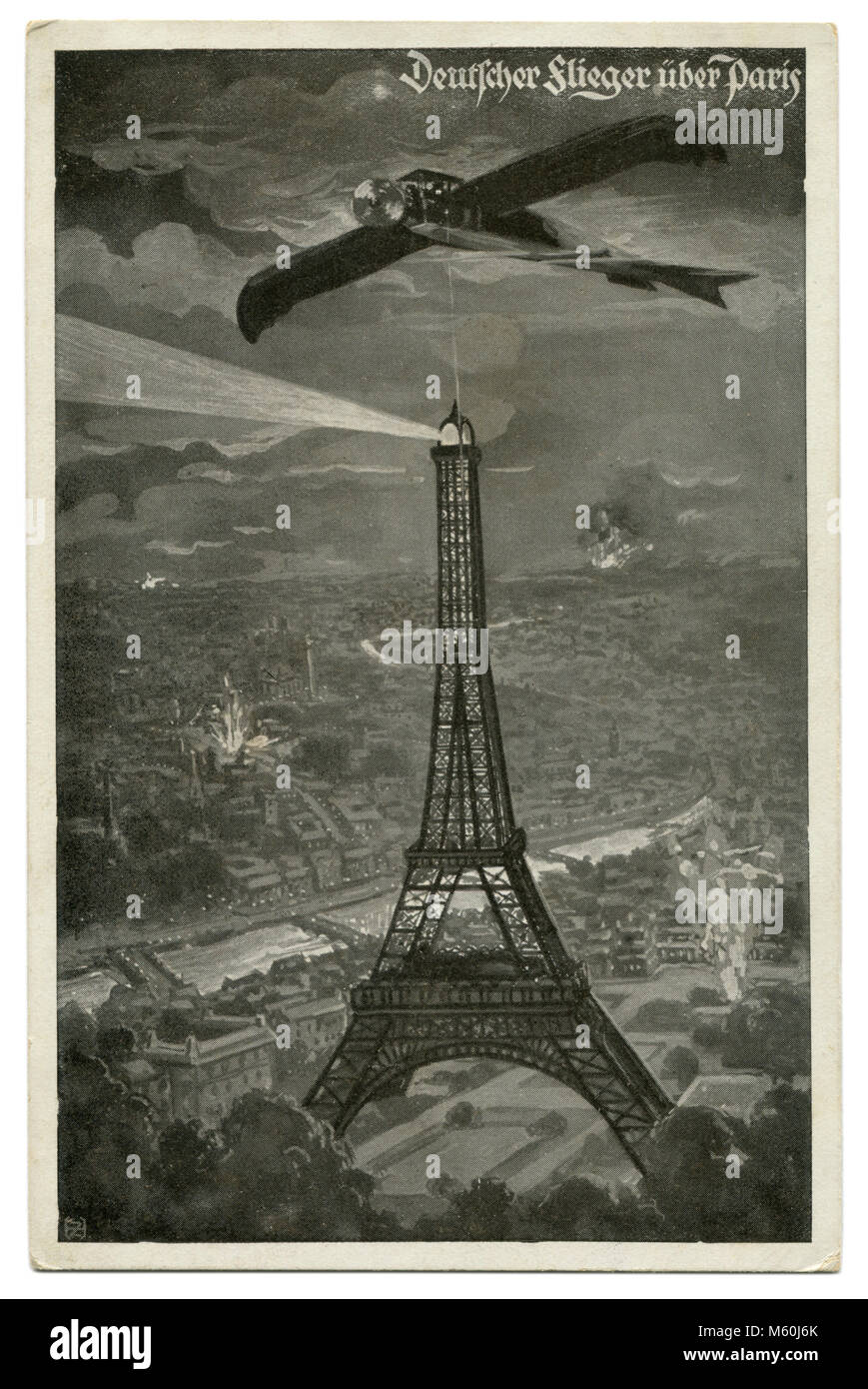 Ancienne Carte Postale Avion Militaire Allemand Taube Sur Paris La Tour Eiffel Sur L Arriere Plan D Explosions Et D Incendies La Premiere Guerre Mondiale De 1914 1918 Photo Stock Alamy