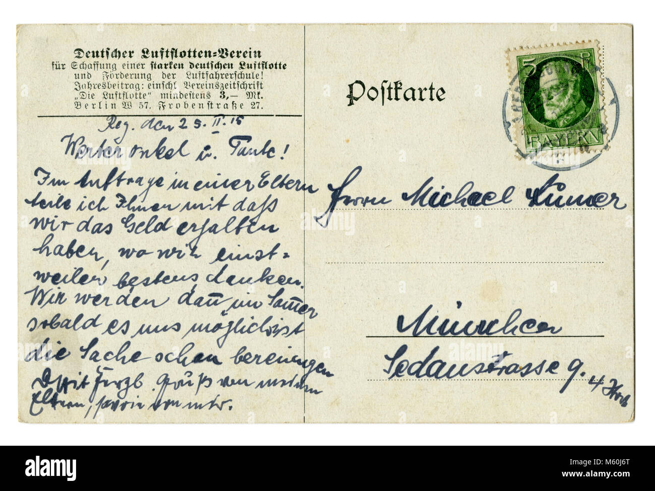 Retour De La Vieille Carte Postale Allemande De La Premiere Guerre Mondiale M60j6k Lettre Ecrite A L Encre Bleue Avec Des Timbres De Baviere 1915 L Allemagne Royaume De Baviere Ww1 Photo Stock