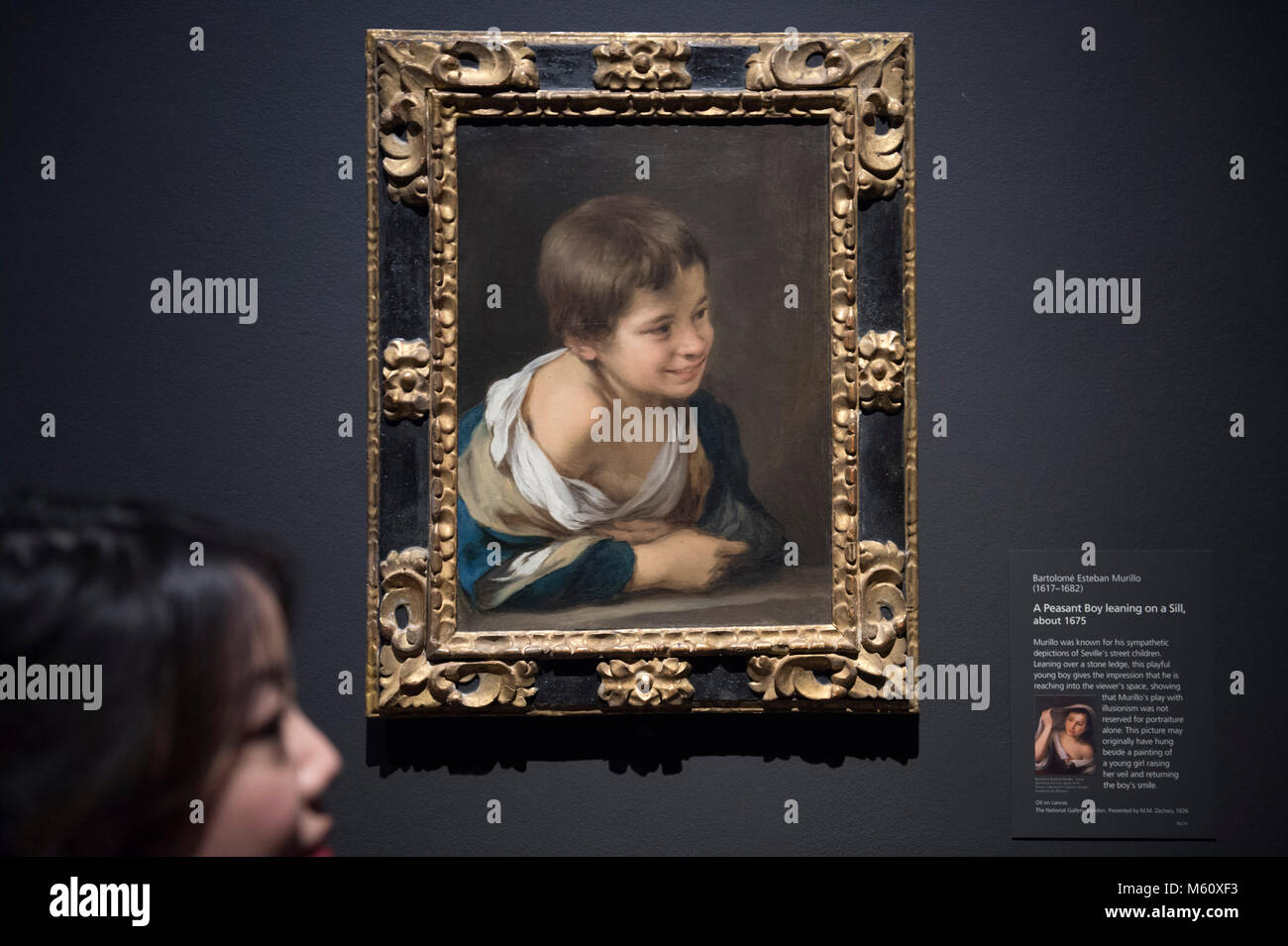 National Gallery, Londres, Royaume-Uni. 27 février 2018. Murillo : l'auto-portraits. Une exposition marquant le 400e anniversaire de la naissance de Bartolomé Esteban Murillo, réunissant les deux seuls de l'artiste auto-portraits connus pour la première fois depuis plus de 300 ans. Photo : un paysan Boy leaning on un bas de caisse, sur 1675. La National Gallery, Londres. Présenté par M.M. Zachary, 1826. Credit : Malcolm Park/Alamy Live News. Banque D'Images