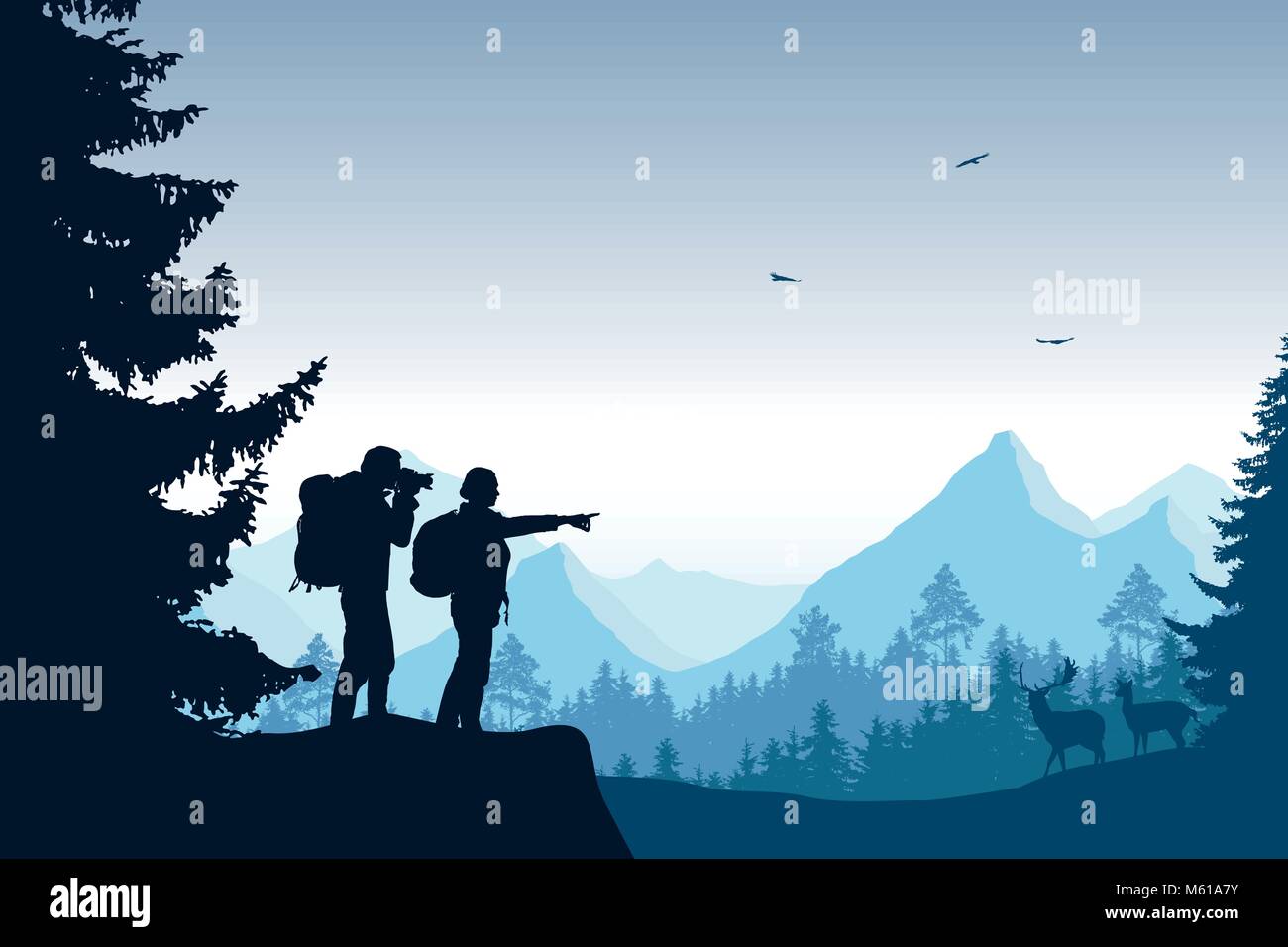 Un paysage de montagne avec une forêt et des touristes de photographier un cerf, sous un ciel bleu avec les oiseaux en plein vol Illustration de Vecteur