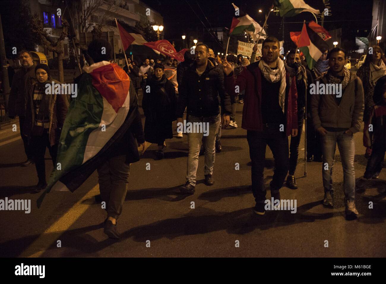 Les Palestiniens lors de protestation contre la décision de reconnaître Jérusalem comme capitale d'Israël. Utilisation dans le monde entier 21.01.2018 | Banque D'Images