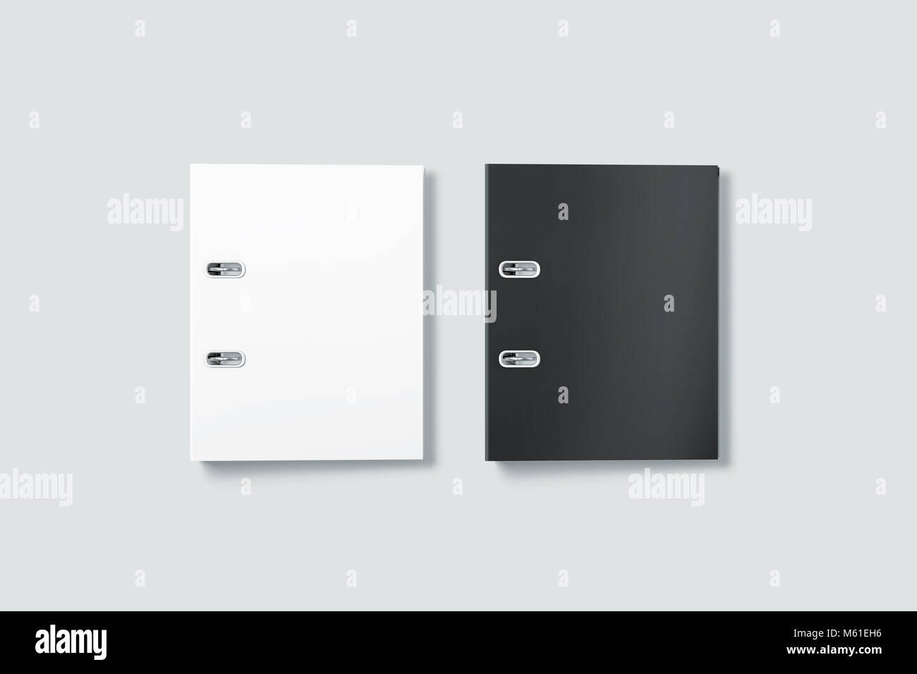 Vide noir et blanc classeur maquette couverture dossier haut, en 3d le rendu. L'auto-assemblage des maquettes avec pile de papier A4. Pliez le carton de fournitures de bureau Banque D'Images