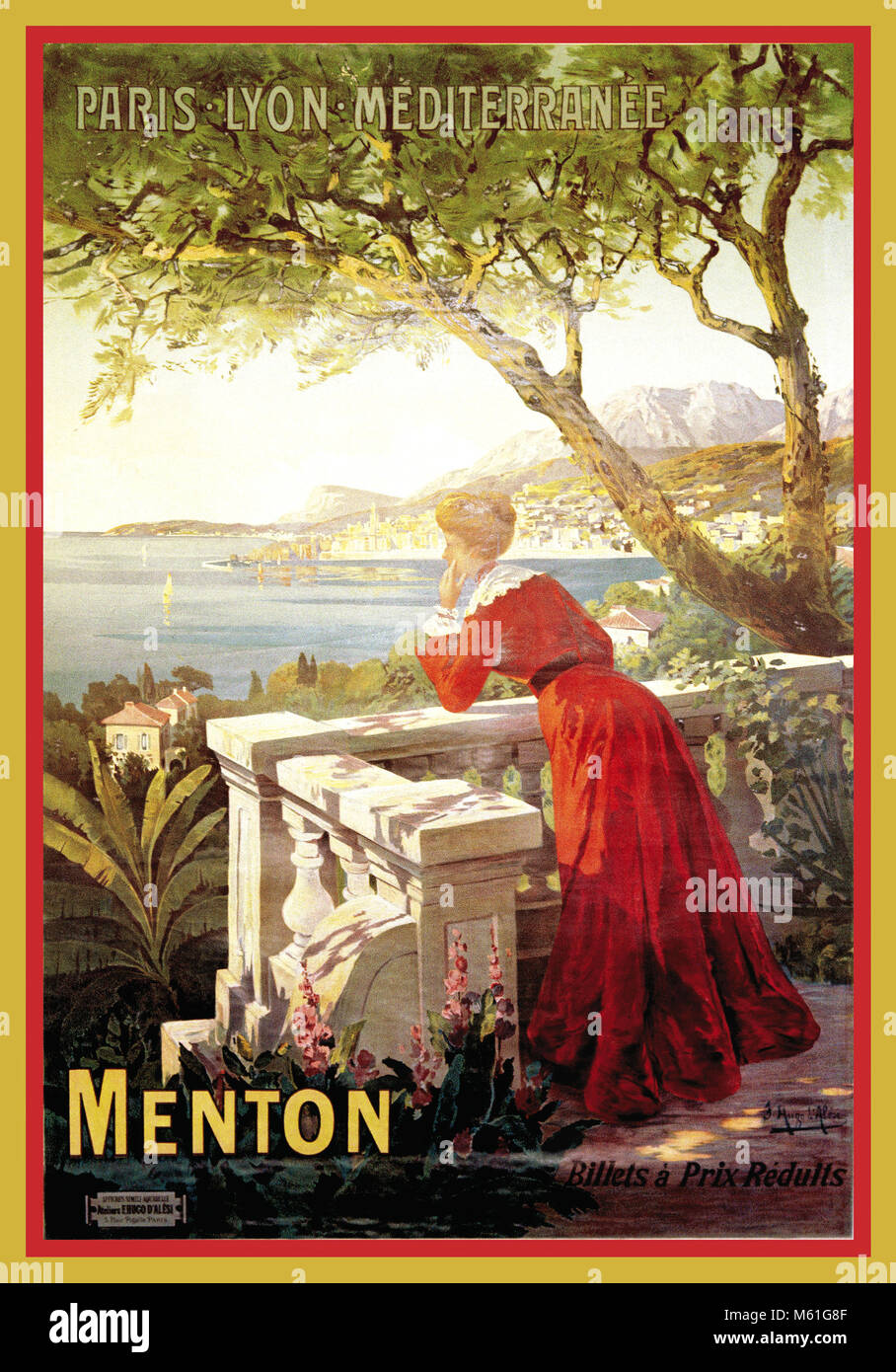 Vintage Rail Travel poster 1890 ' MENTON ' Artiste Hugo d'Alesi. Menton, Alpes-Maritimes, France. Banque D'Images