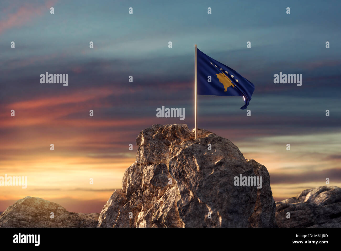 Le rendu 3D de forme Kosovo drapeau sur paysage rocheux pour célébrer la fête de l'indépendance du 17 février Banque D'Images