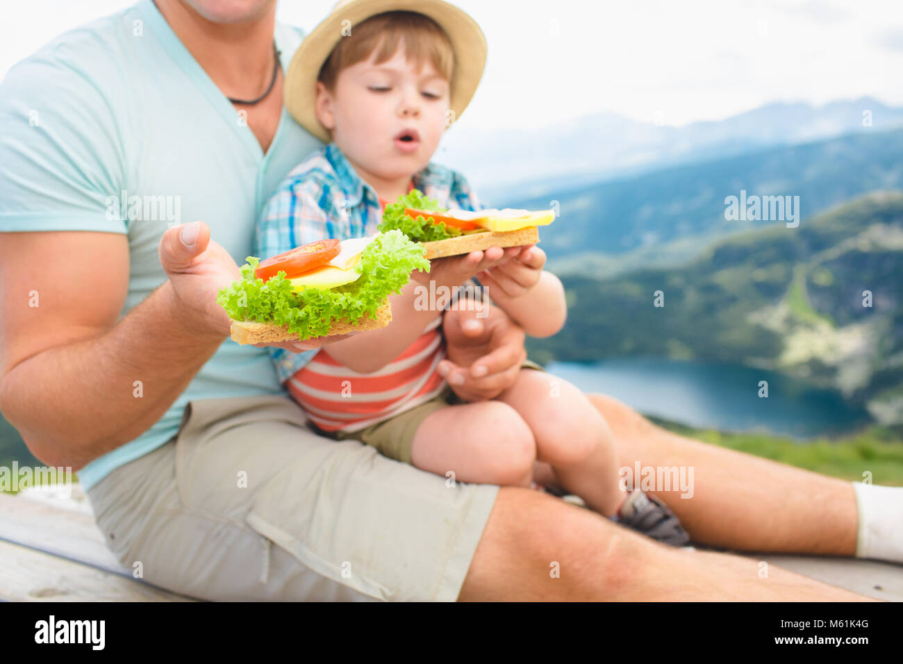 Famille sur un pique-nique dans les montagnes Banque D'Images