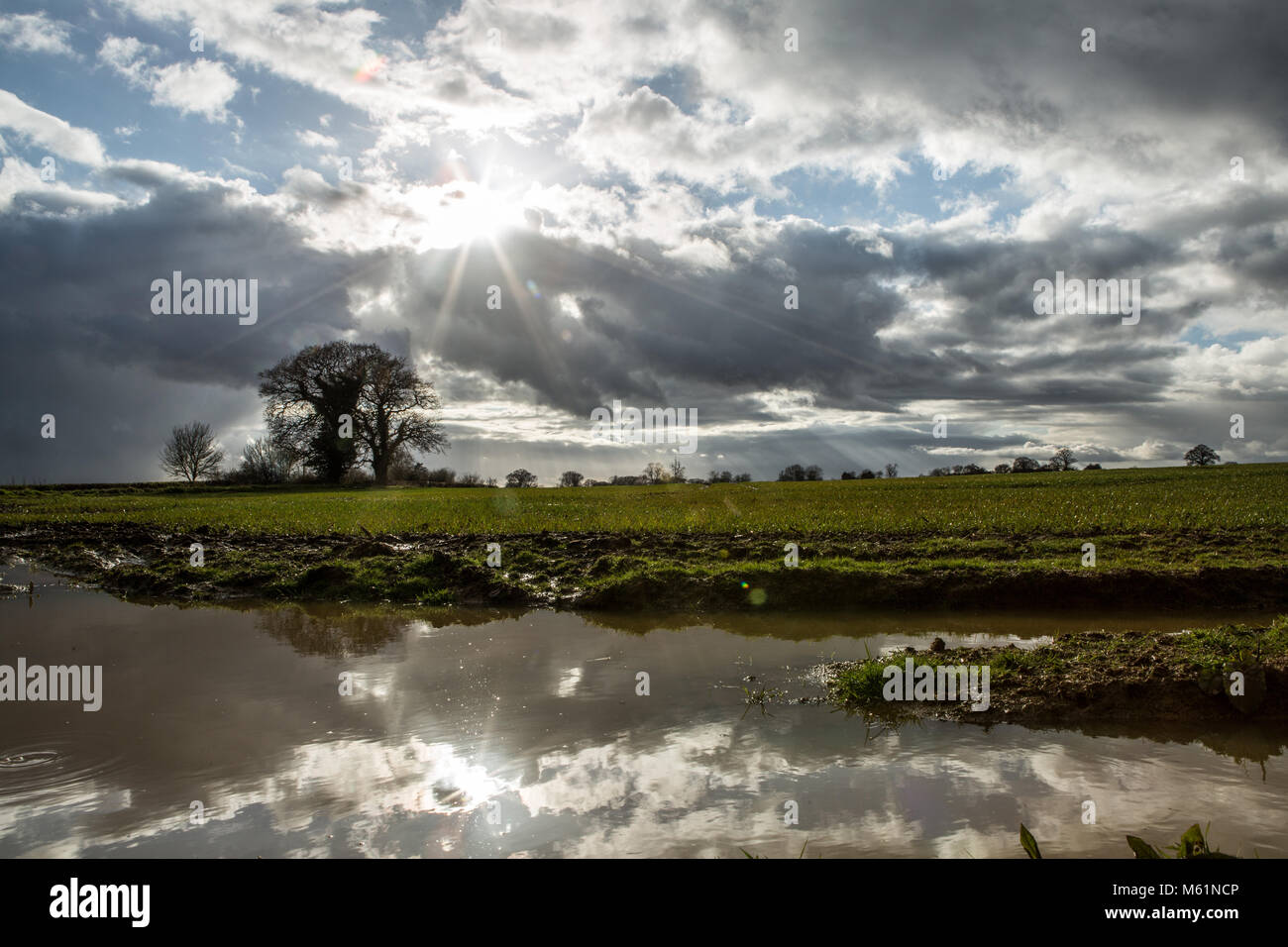 Champ inondé près de Chacombe sur journée ensoleillée avec des nuages de tempête et sun flare Banque D'Images