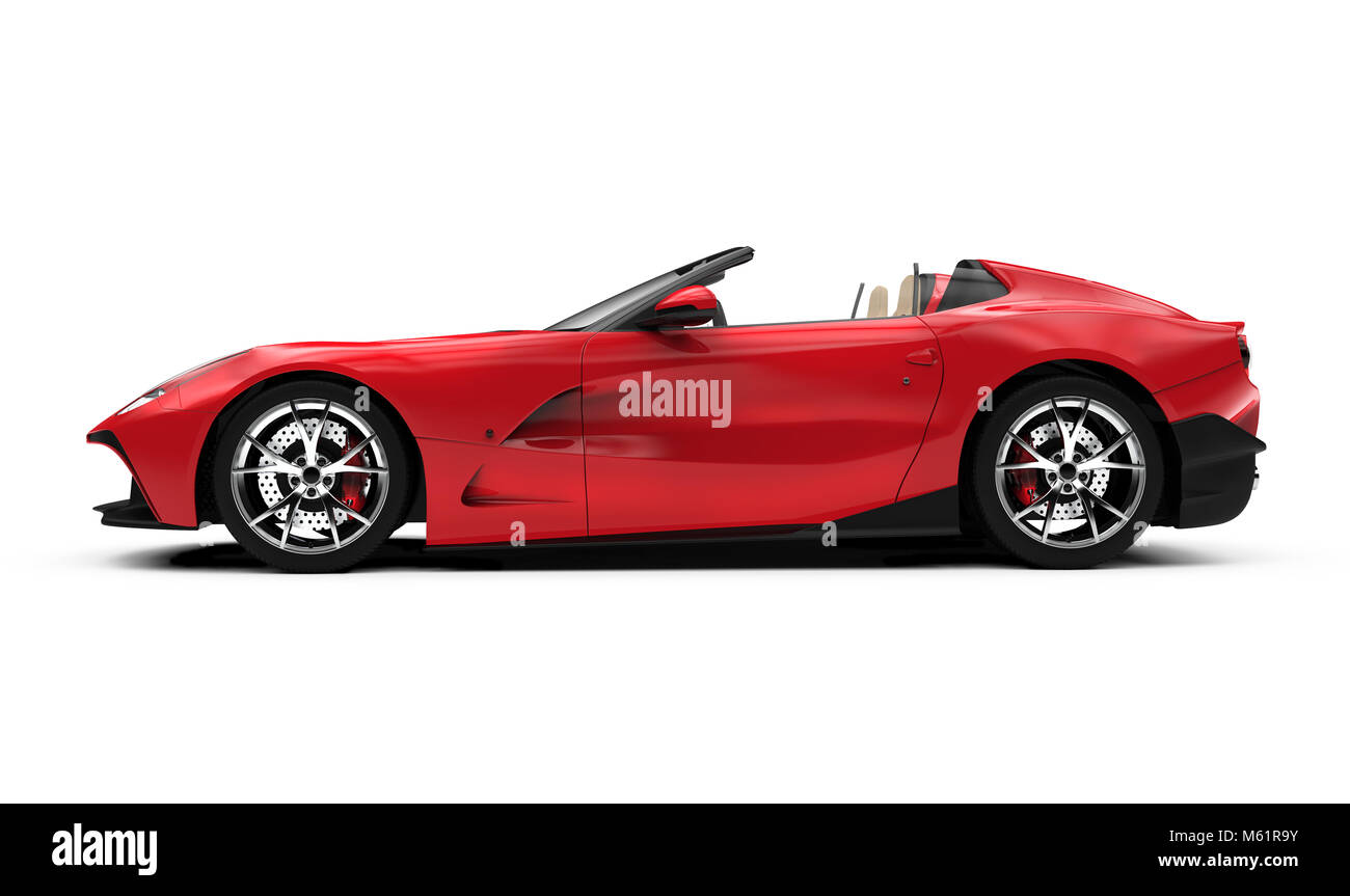 Vue latérale d'une voiture décapotable rouge : 3D illustration Banque D'Images