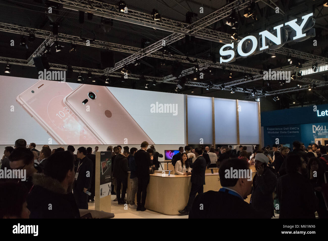 Pavillon de Sony lors de l'Assemblée Mobile World Congress 2018, plus grand salon mobile dans lequel réunit les entreprises mobiles et où e Banque D'Images