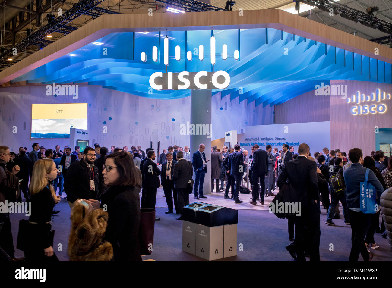 Pavillon Cisco à l'assemblée annuelle du Mobile World Congress 2018, plus grand salon mobile dans lequel réunit les entreprises mobiles et où t Banque D'Images