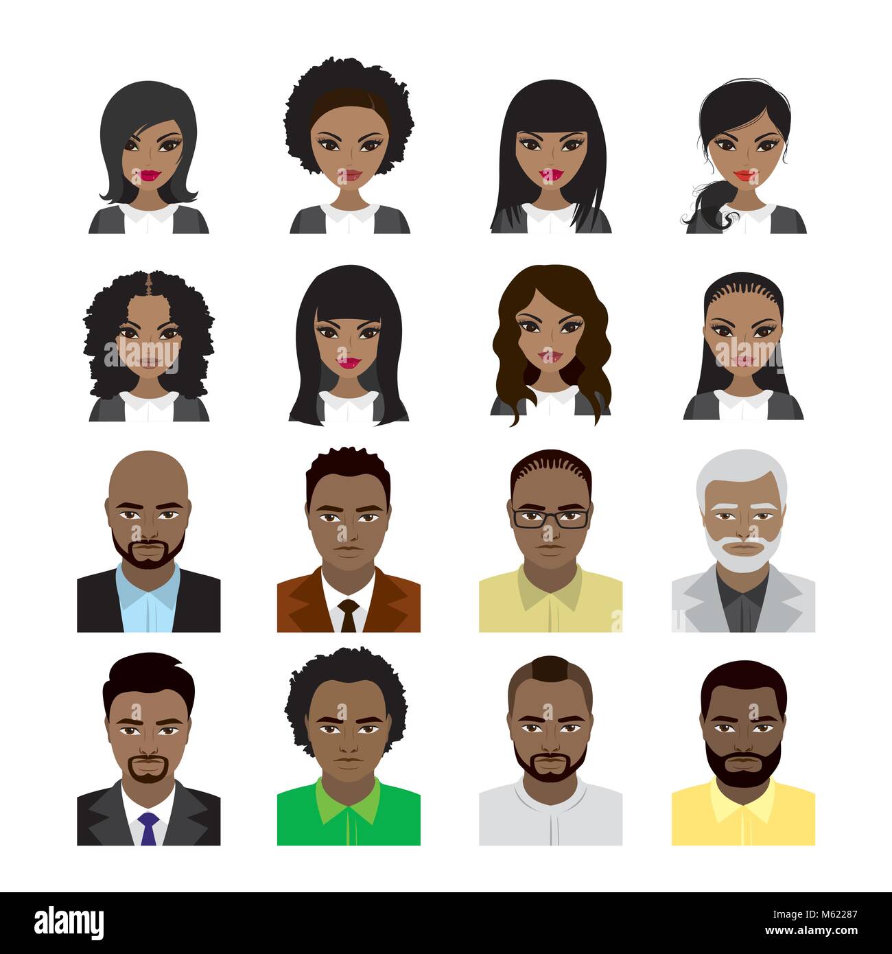 Définir des femmes noires et l'homme avatar isolé sur fond blanc . Les visages et les styles de cheveux. Stock Vector illustration Illustration de Vecteur