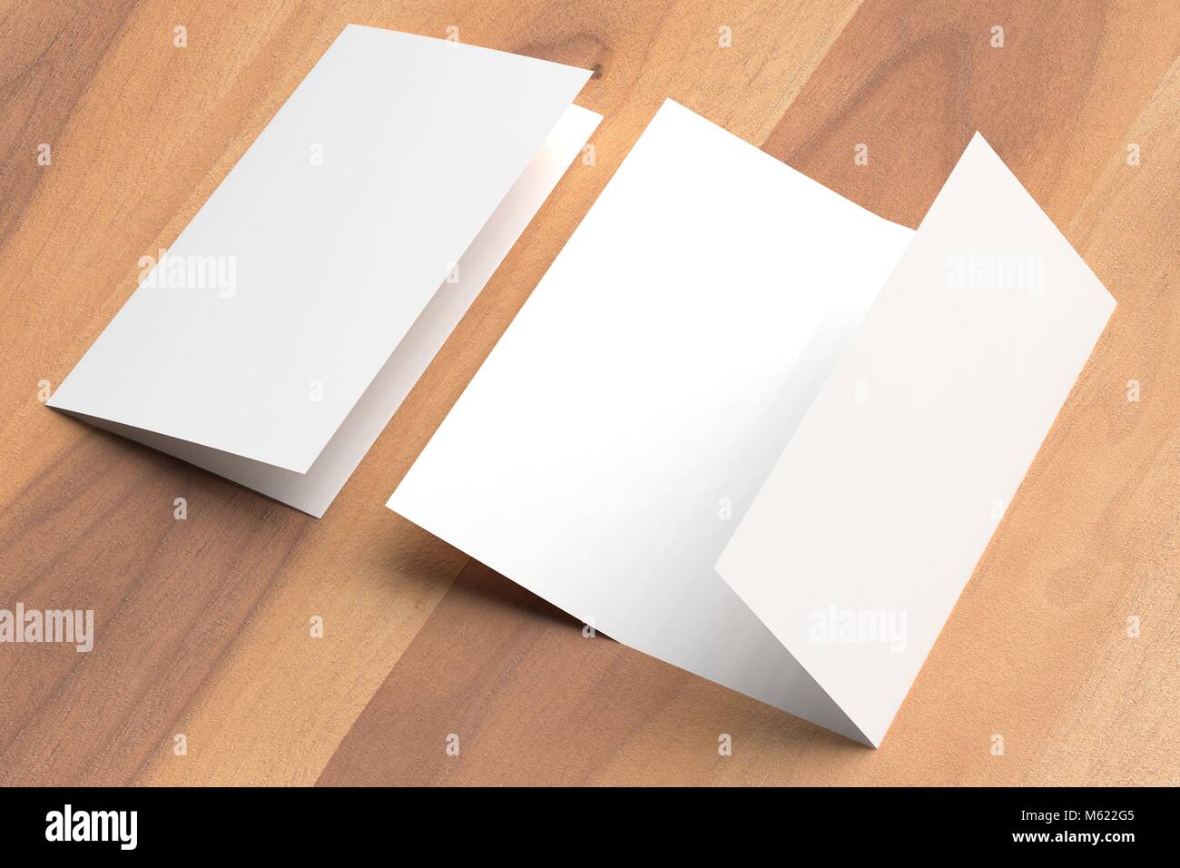 Thrifold - trois fois la maquette brochure sur fond de bois. Illustration 3d Banque D'Images