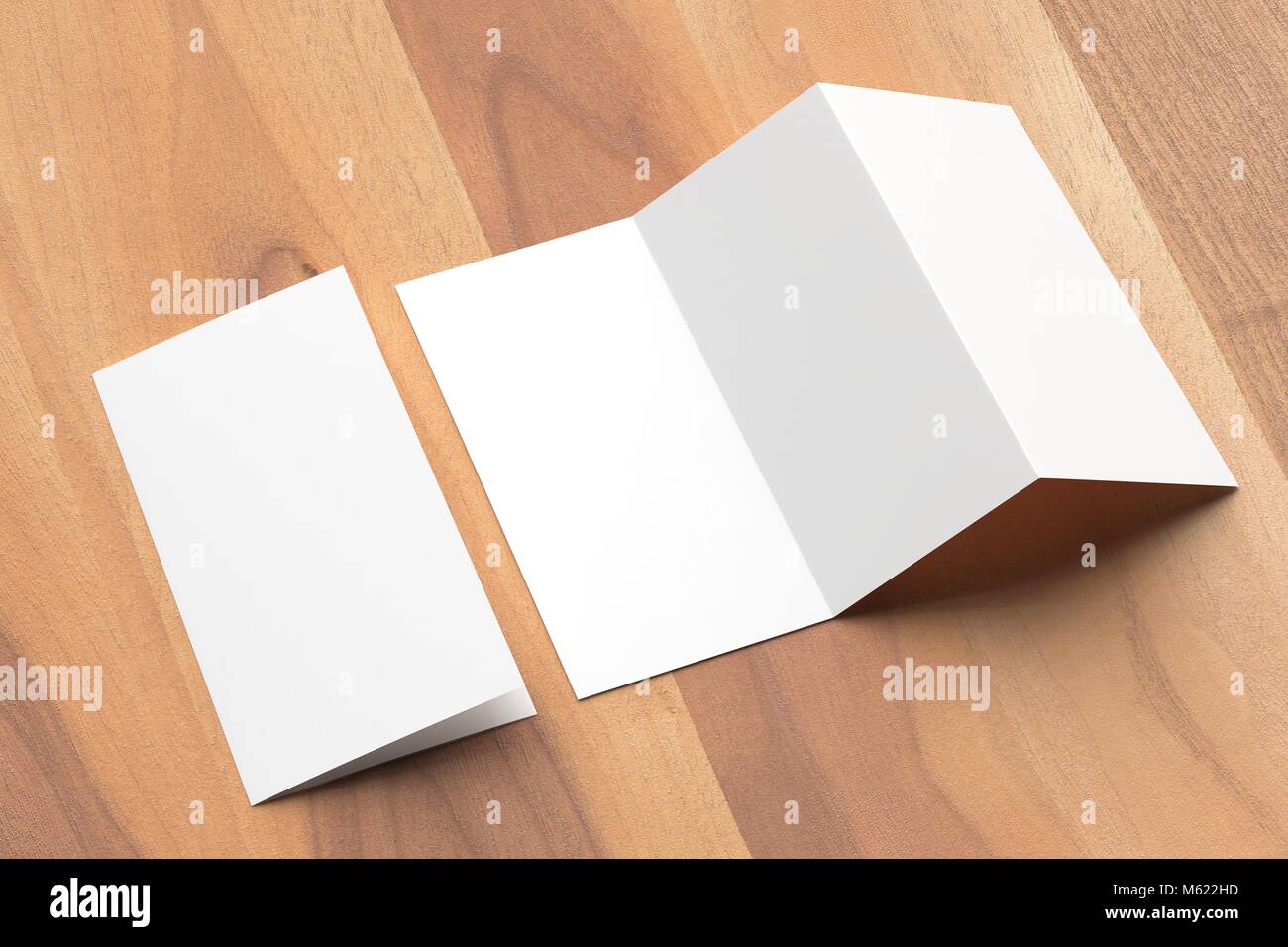 Thrifold - trois fois la maquette brochure sur fond de bois. Illustration 3d Banque D'Images