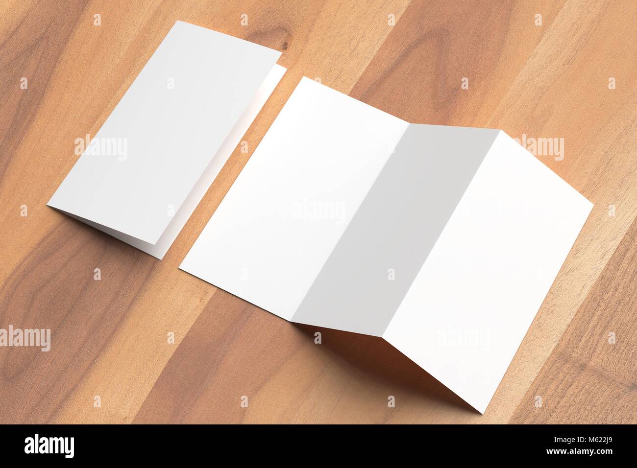 Thrifold - trois fois la maquette brochure sur fond de bois. Illustration 3d Banque D'Images