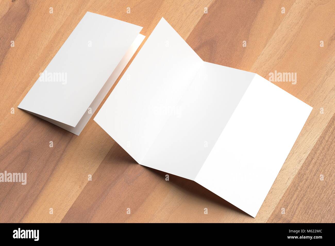 Thrifold - trois fois la maquette brochure sur fond de bois. Illustration 3d Banque D'Images