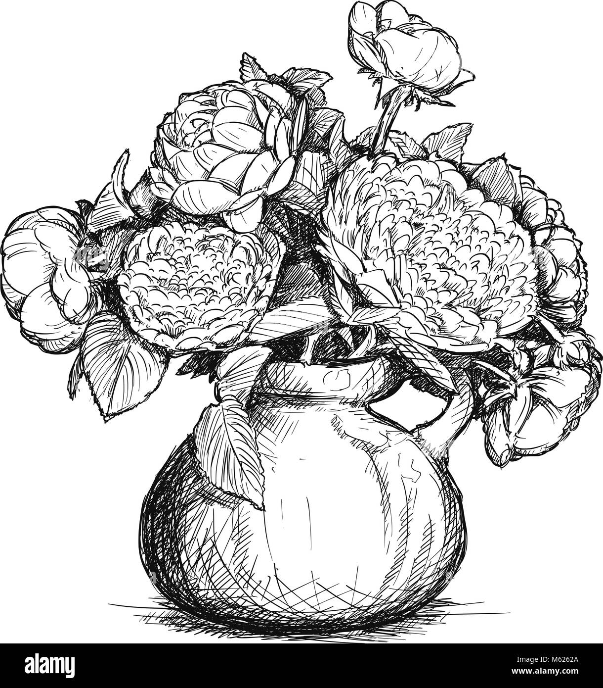 Vector Dessin à la main de Rose et de pivoine Fleurs dans un vase Illustration de Vecteur